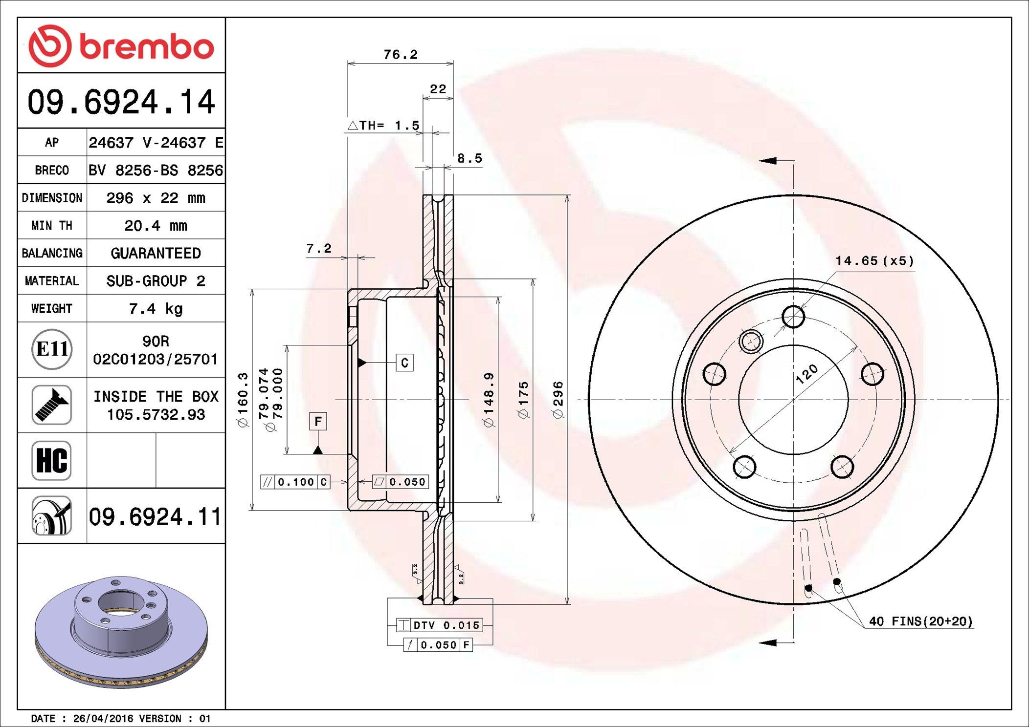 Диск переднього гальма Brembo 09692411 ціна, від 51.78 USD