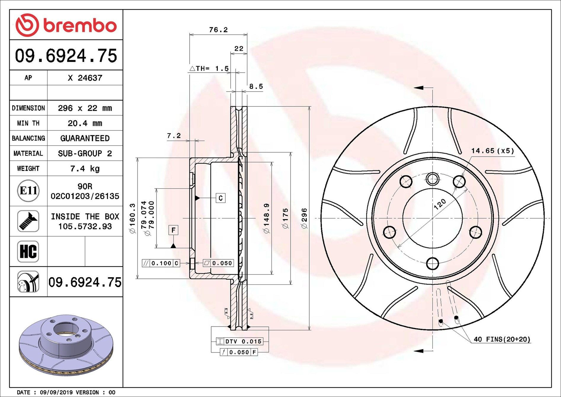 Диск гальмівний передній Brembo 09692475