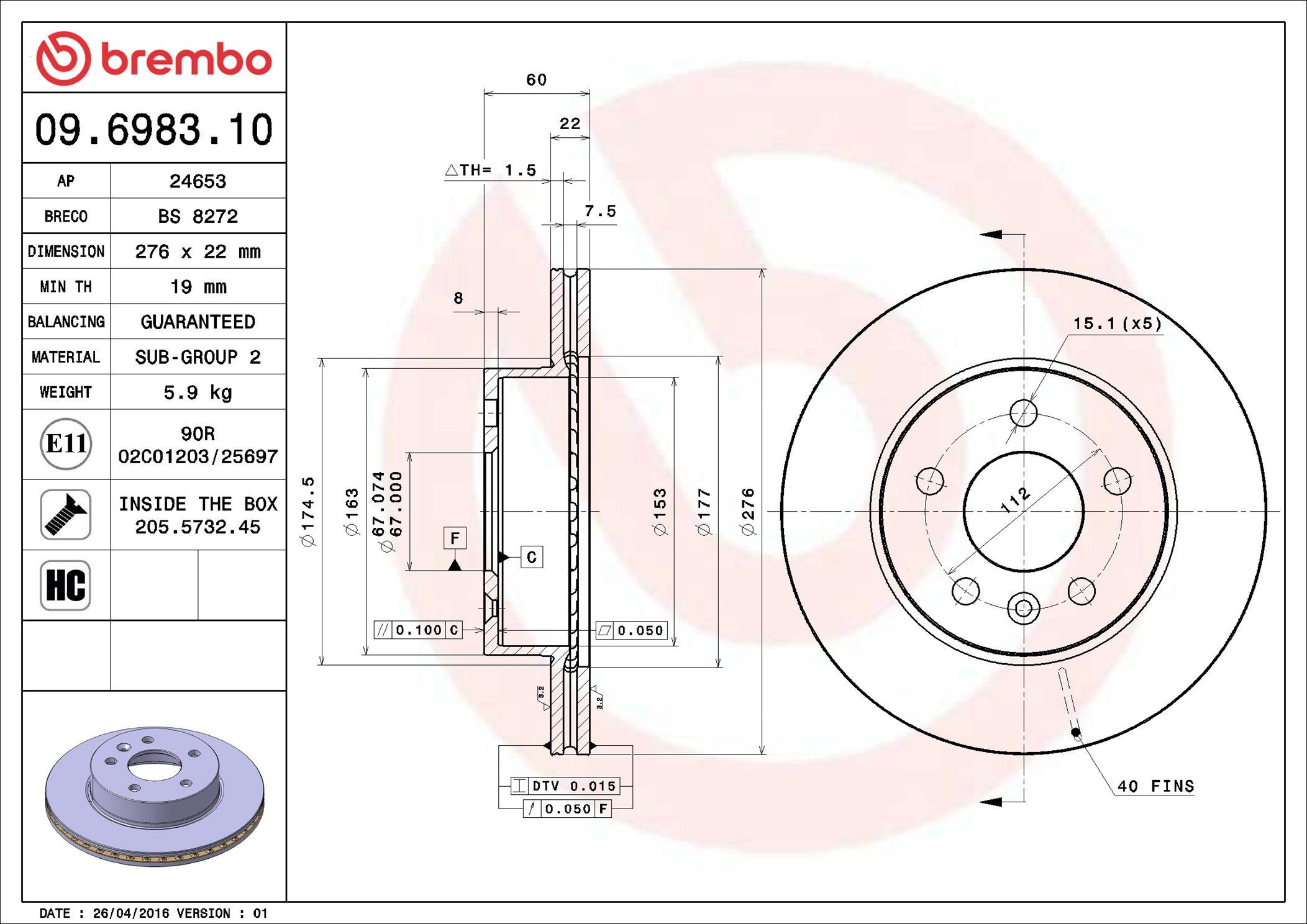 Диск гальмівний передній Brembo 09698310