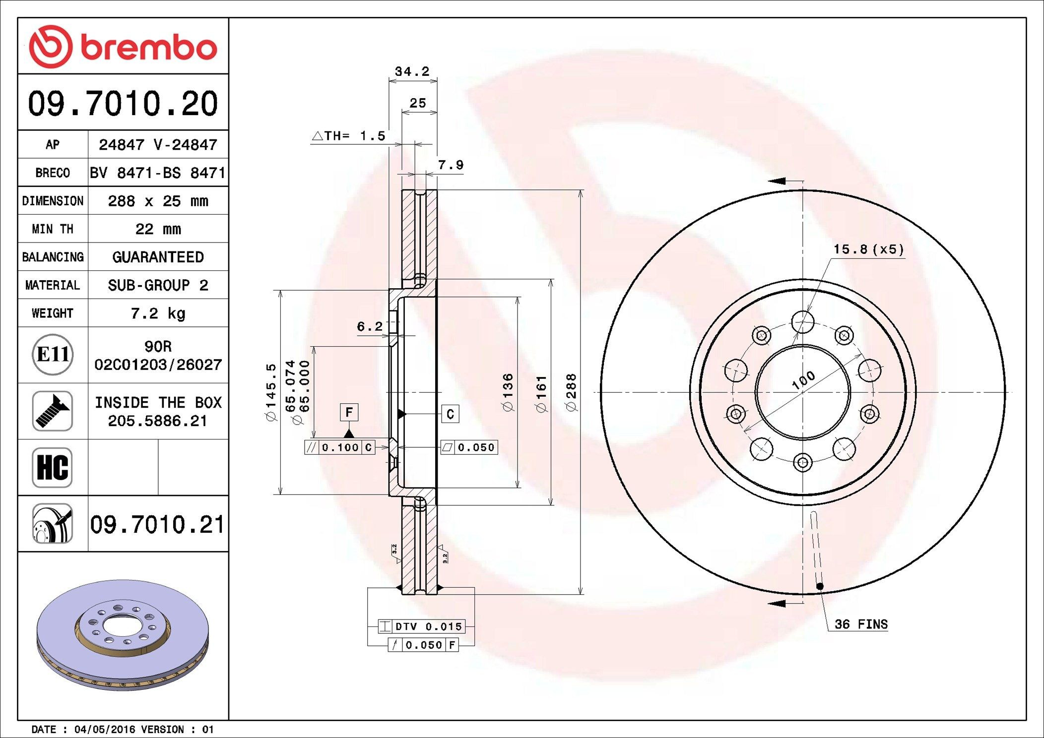 Купити 09701021 Brembo Ротор гальмівний