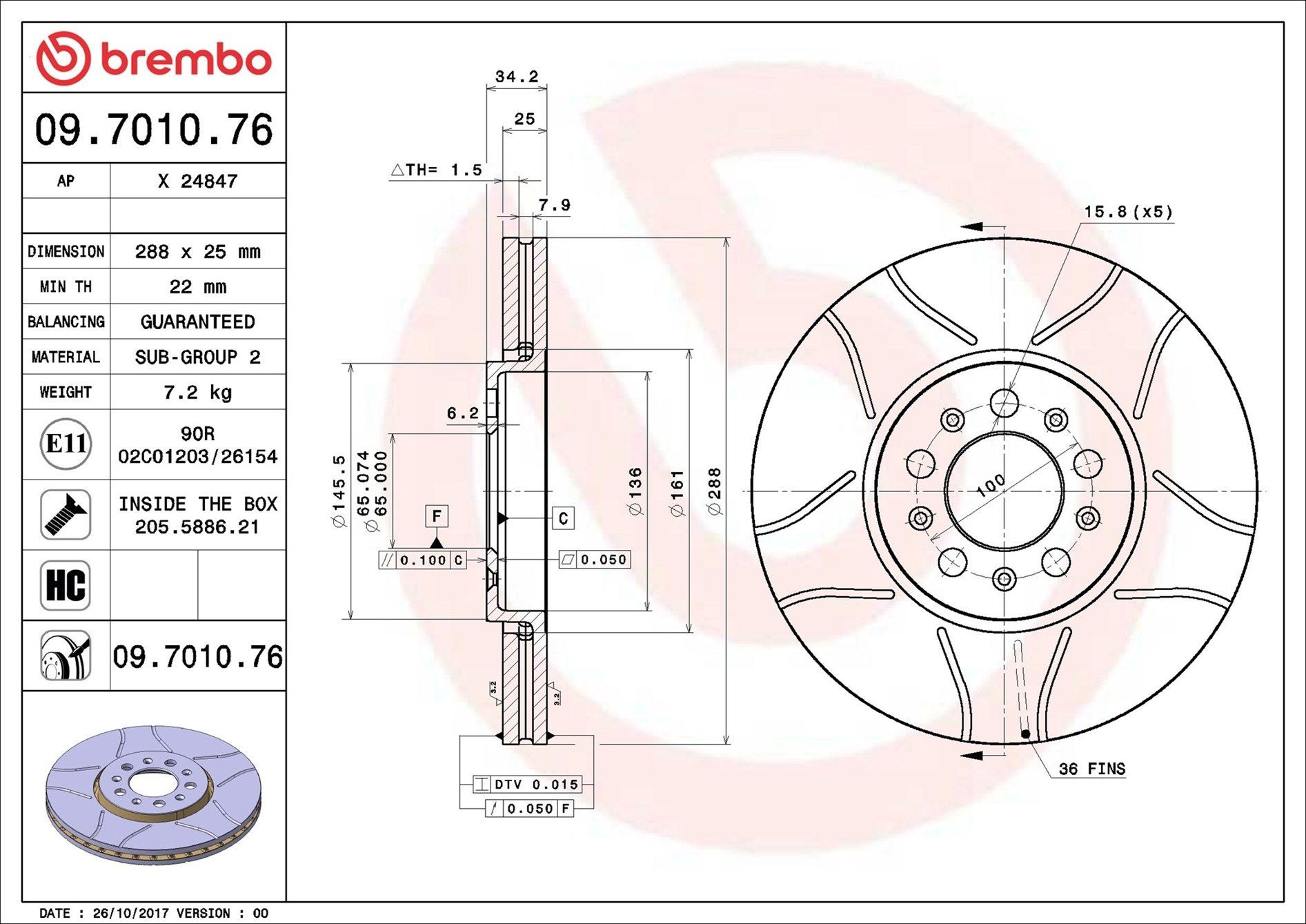 Диск гальмівний передній Brembo 09701076