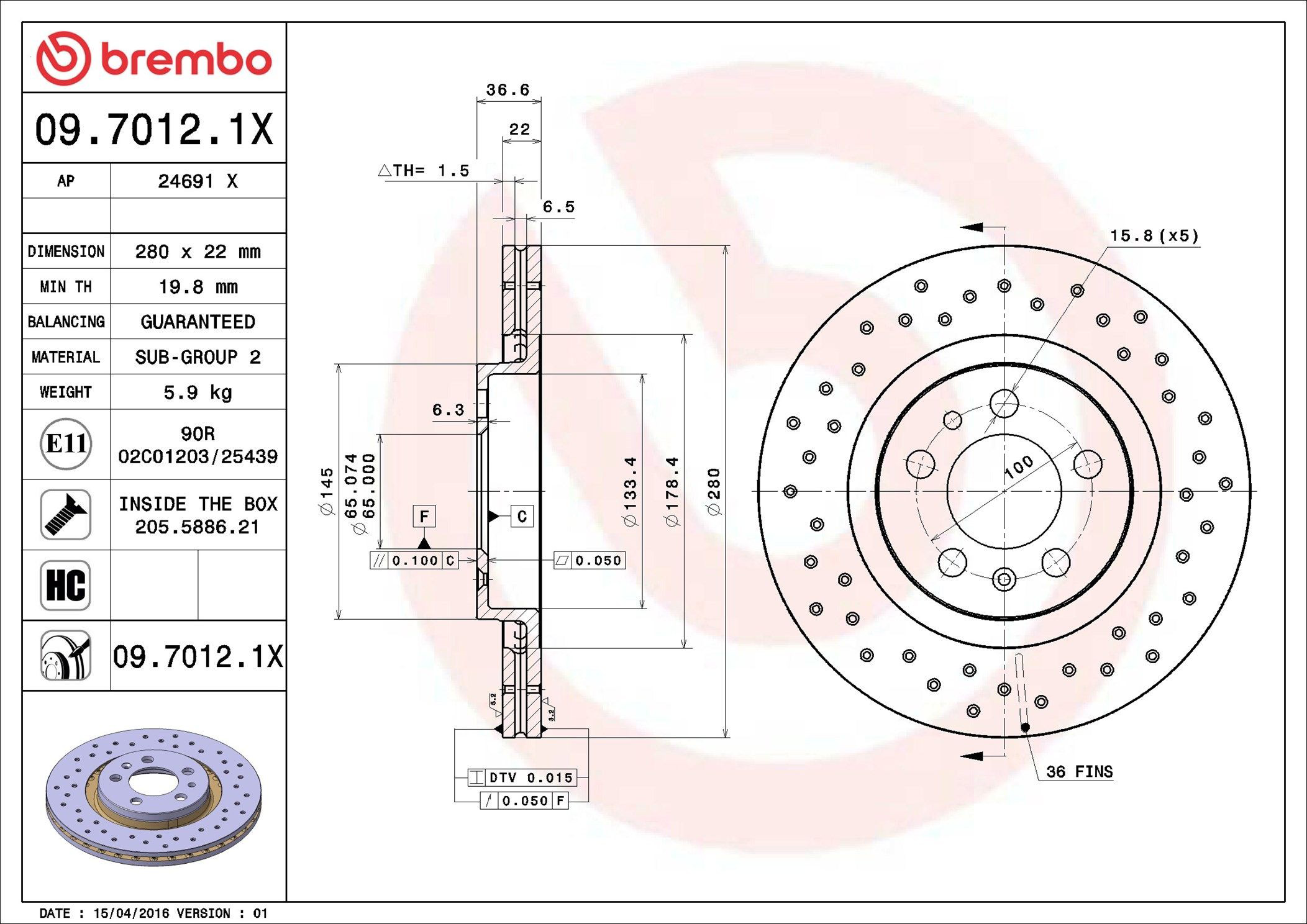 Диск переднього гальма Brembo 0970121X ціна, від 34.31 USD
