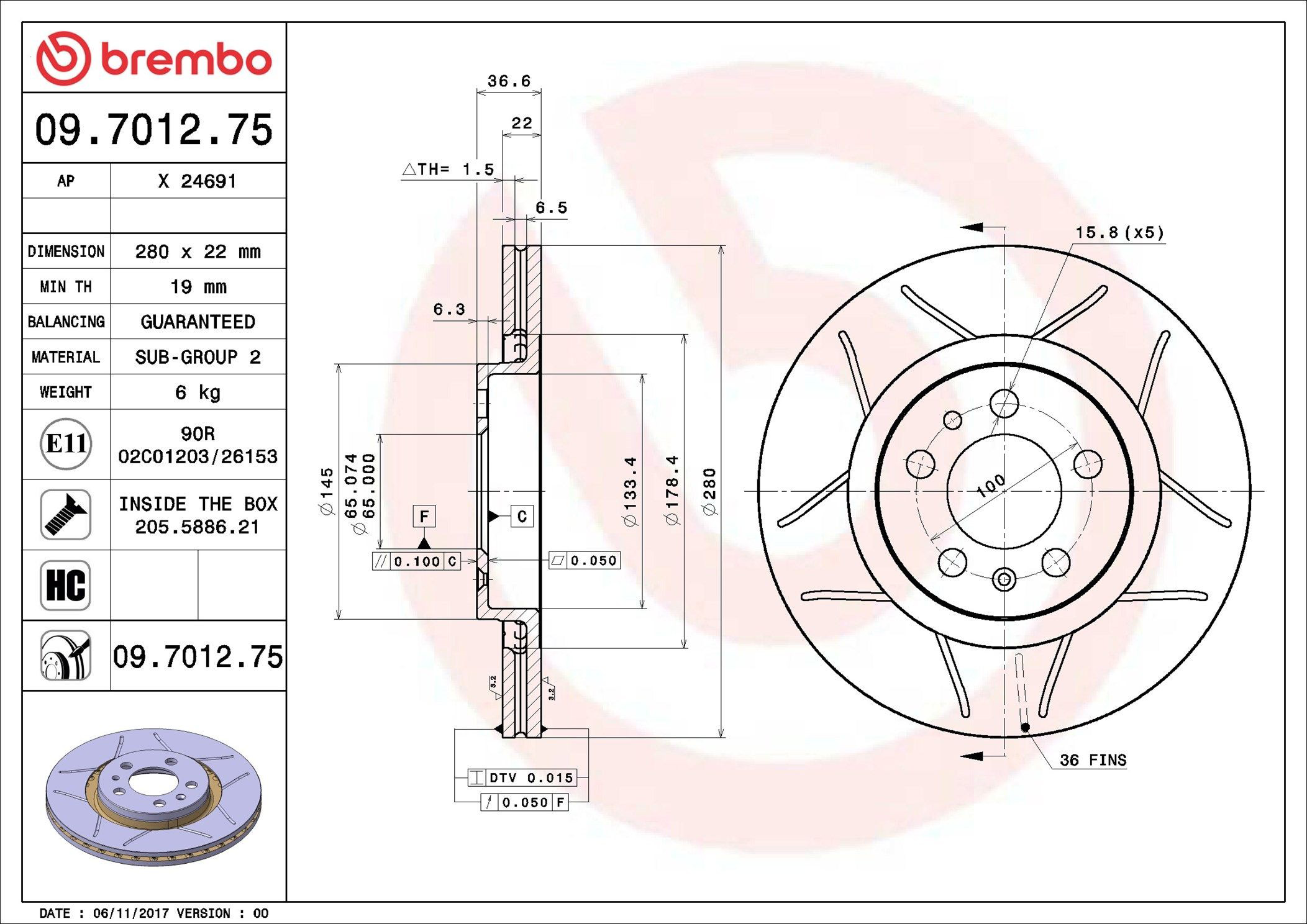 Диск гальмівний передній Brembo 09701275
