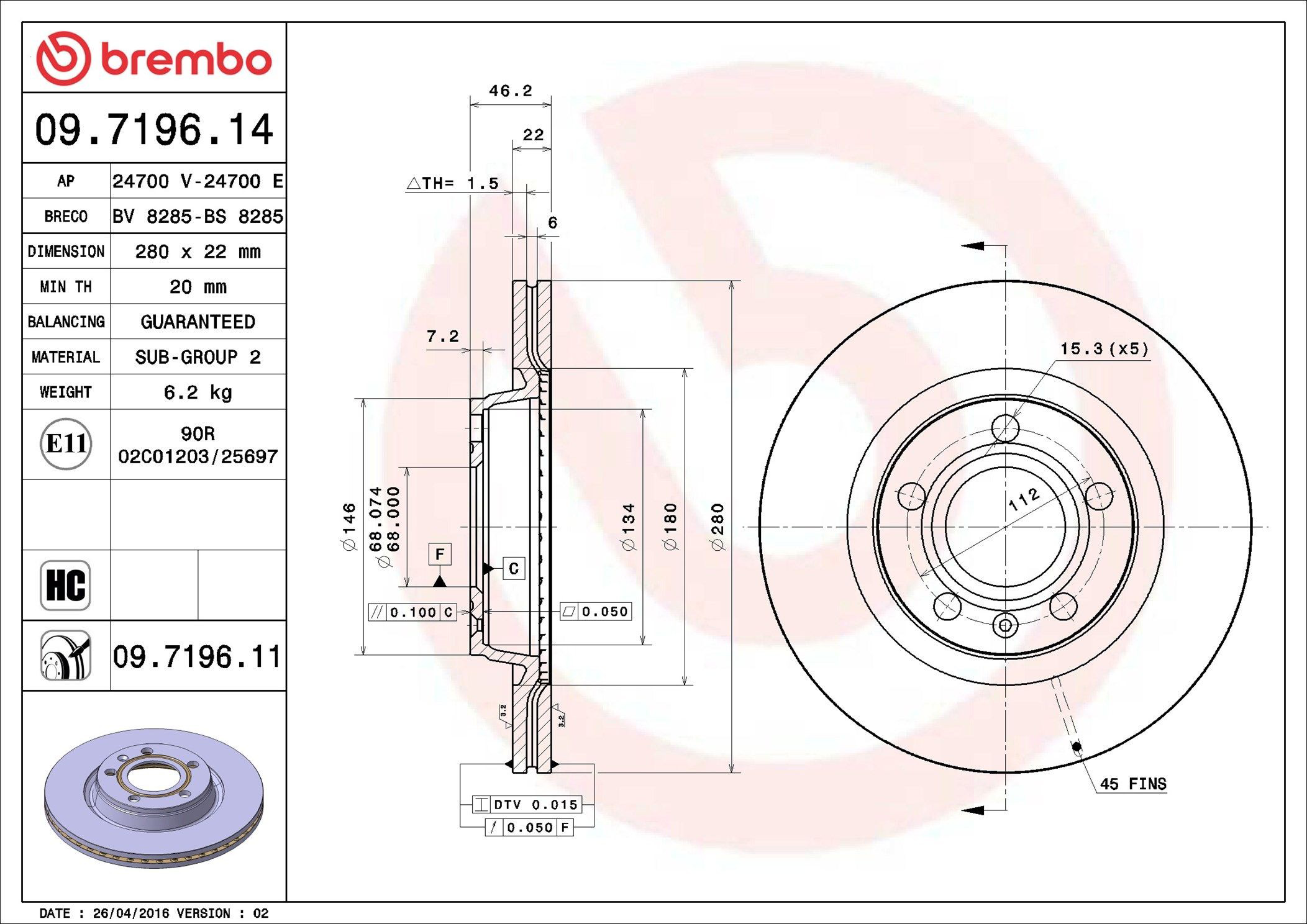 Диск переднього гальма Brembo 09719611 ціна, від 38.02 USD