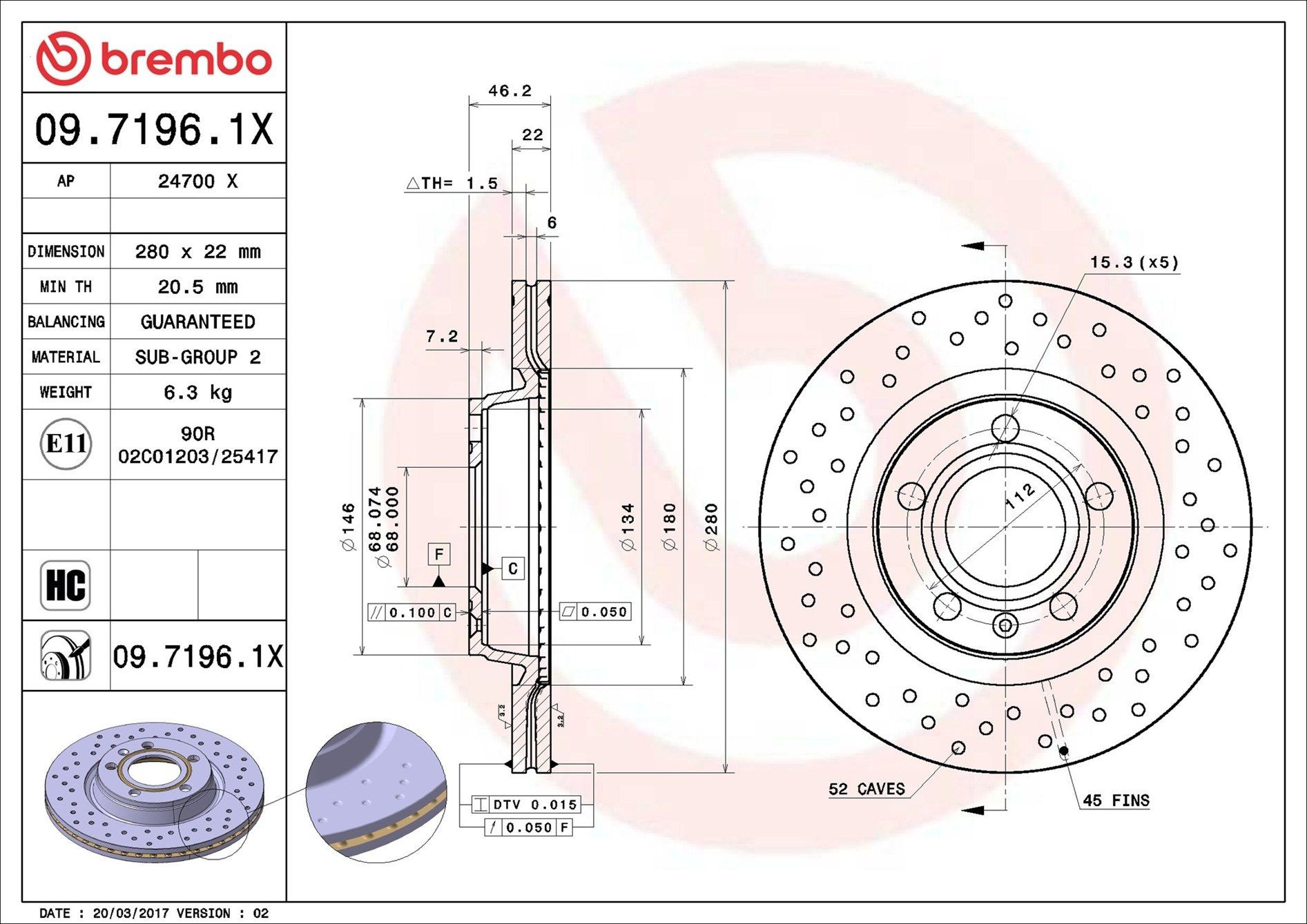 Диск переднього гальма Brembo 0971961X ціна, від 39.66 USD