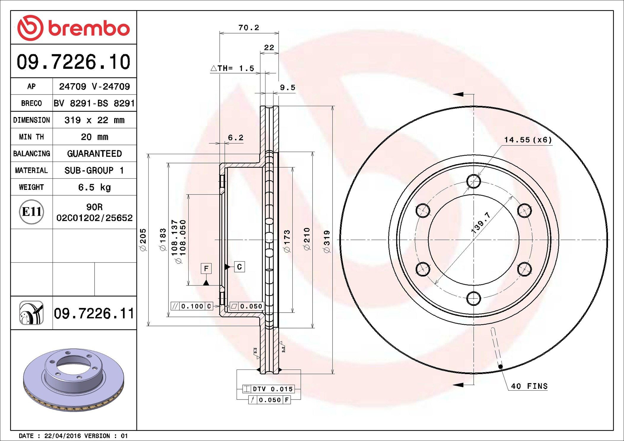 Диск переднього гальма Brembo 09722611 ціна, від 40.83 USD
