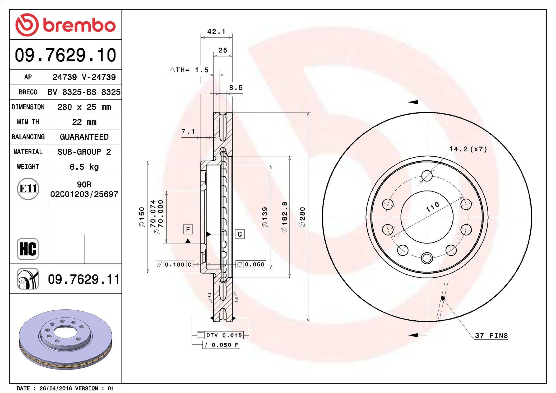 Диск переднього гальма Brembo 09762911 ціна, від 48.81 USD