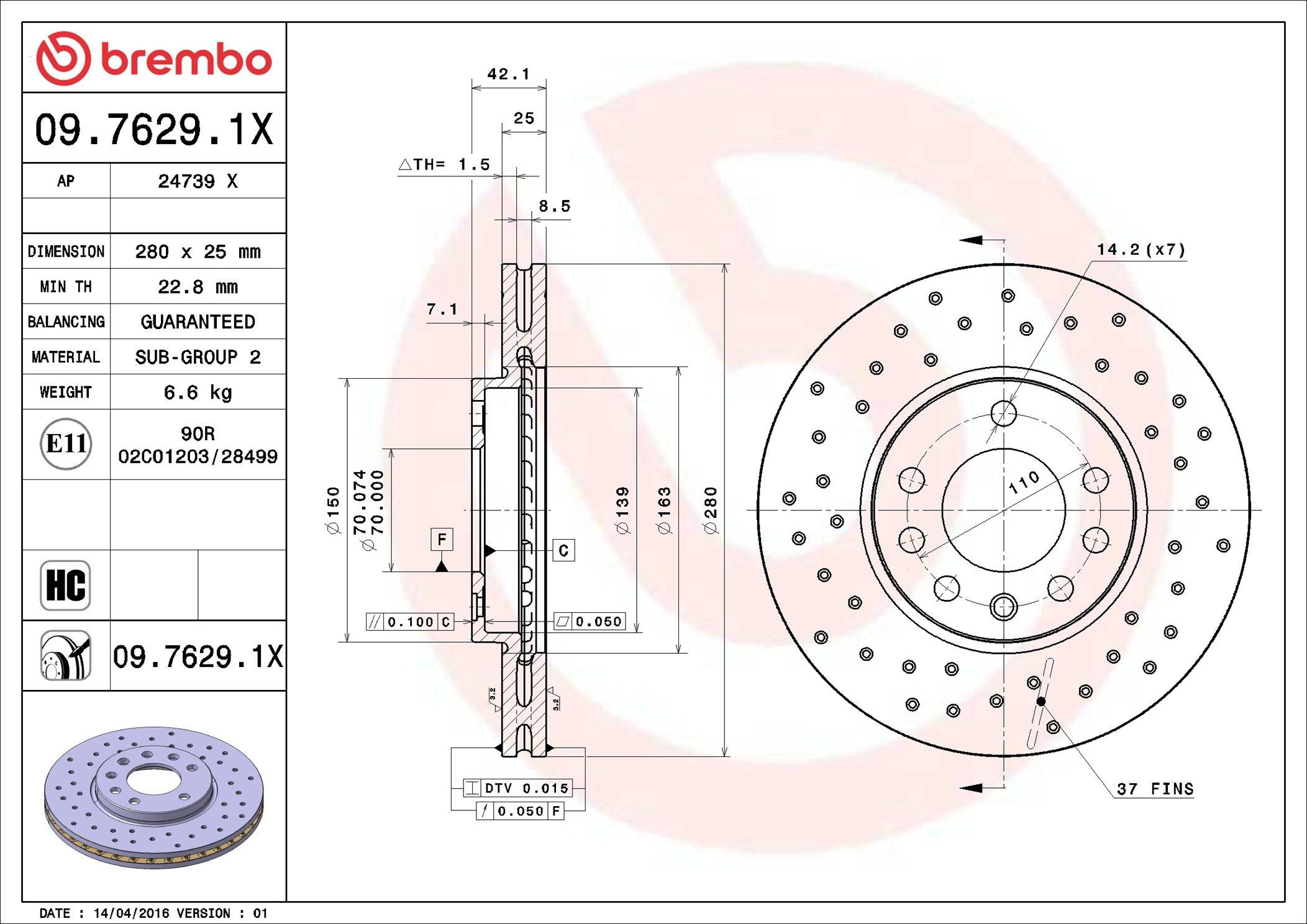 Диск переднього гальма Brembo 0976291X ціна, від 40.17 USD