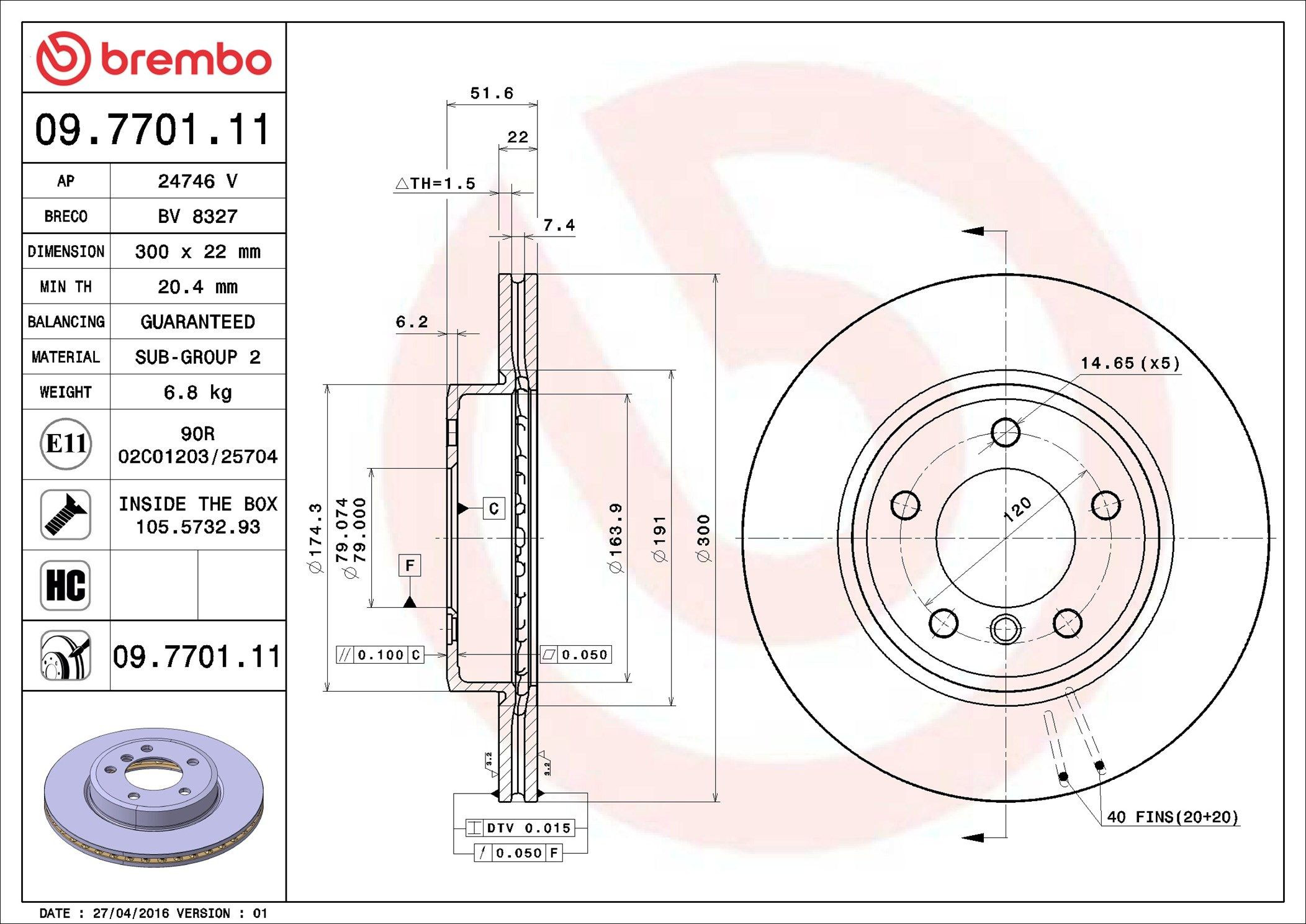 Диск переднього гальма Brembo 09770111 ціна, від 54.18 USD
