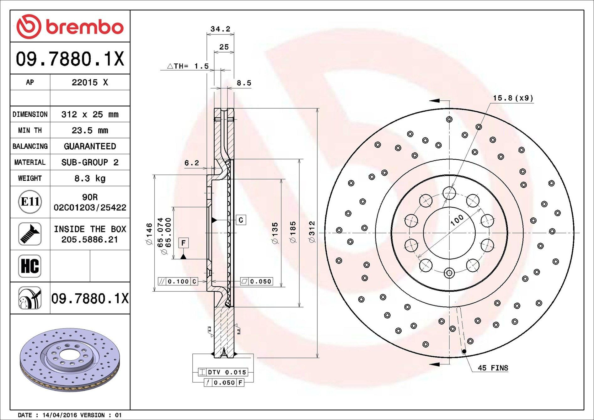 Диск переднього гальма Brembo 0978801X ціна, від 64.47 USD