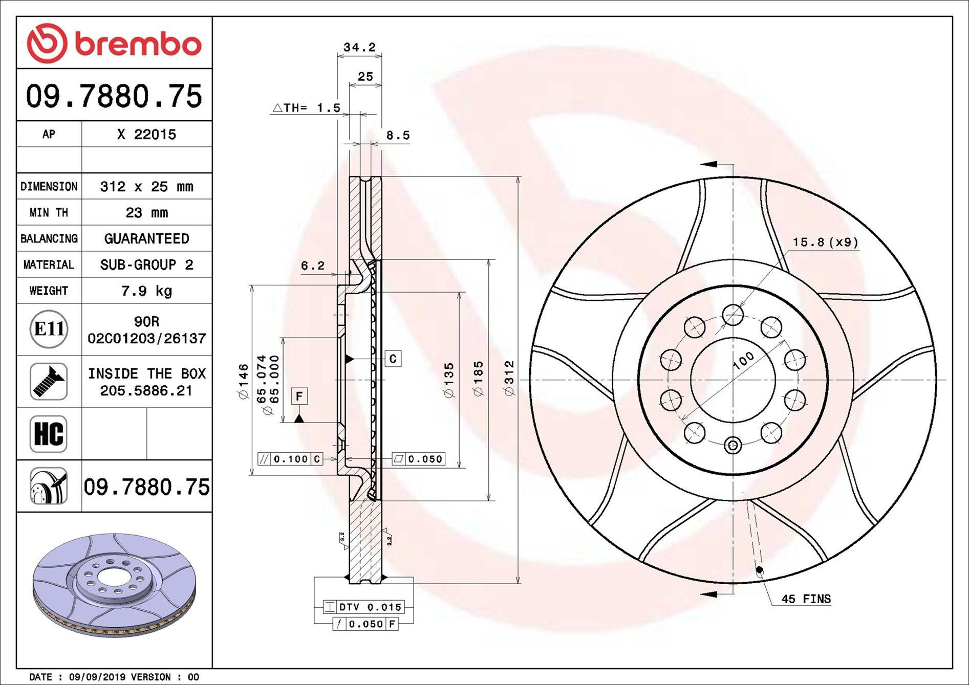 Диск переднього гальма Brembo 09788075 ціна, від 64.06 USD