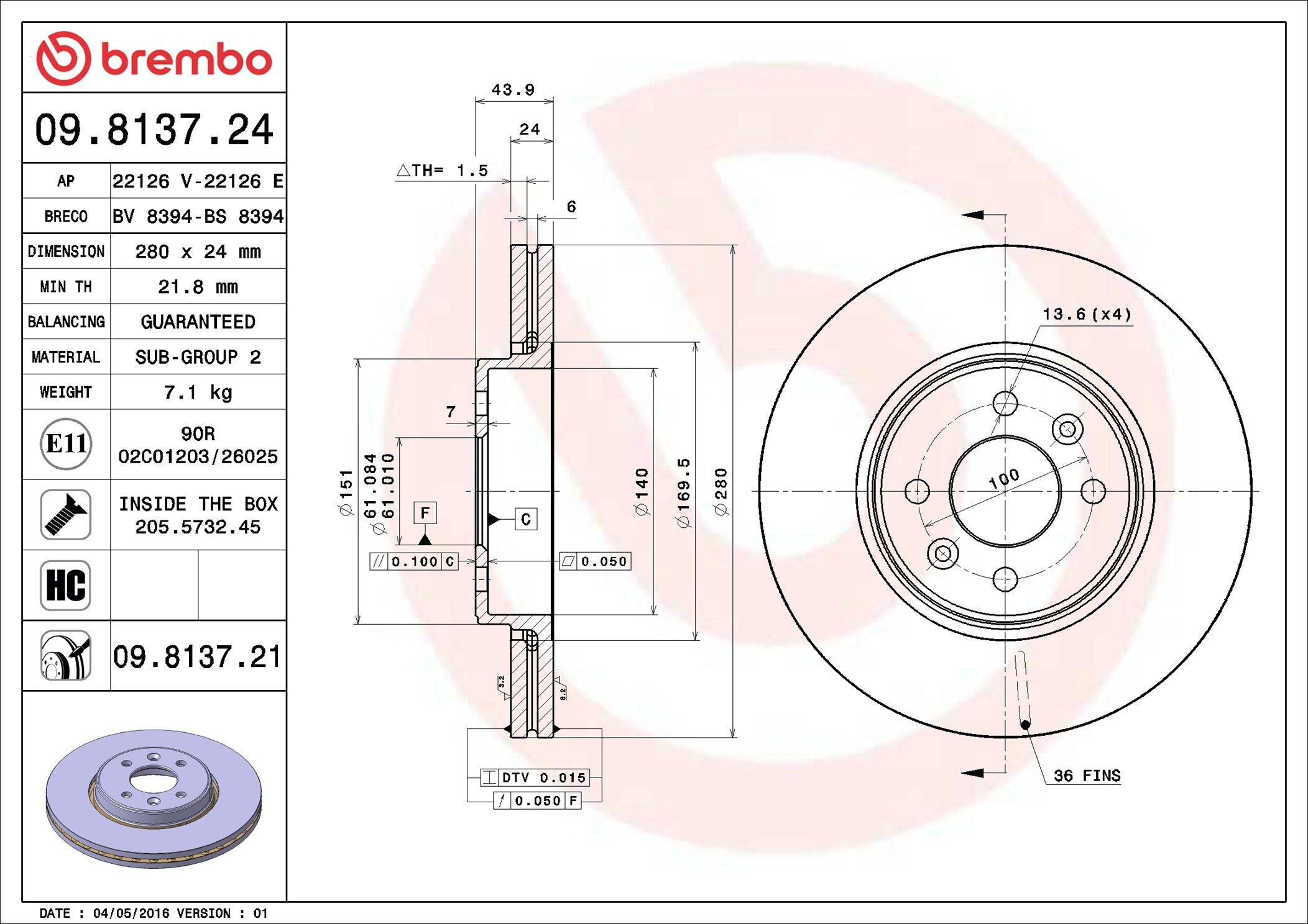 Диск переднього гальма Brembo 09813721 ціна, від 41.76 USD