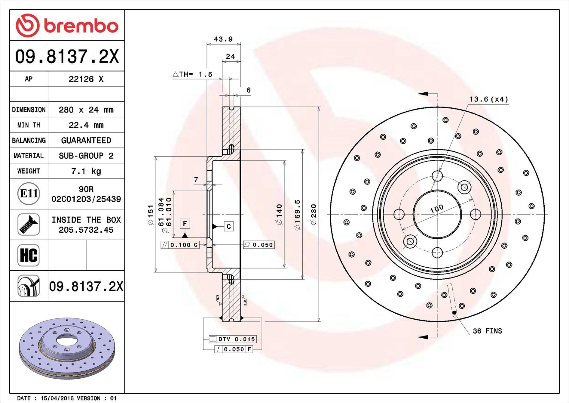 Диск гальмівний передній Brembo 0981372X