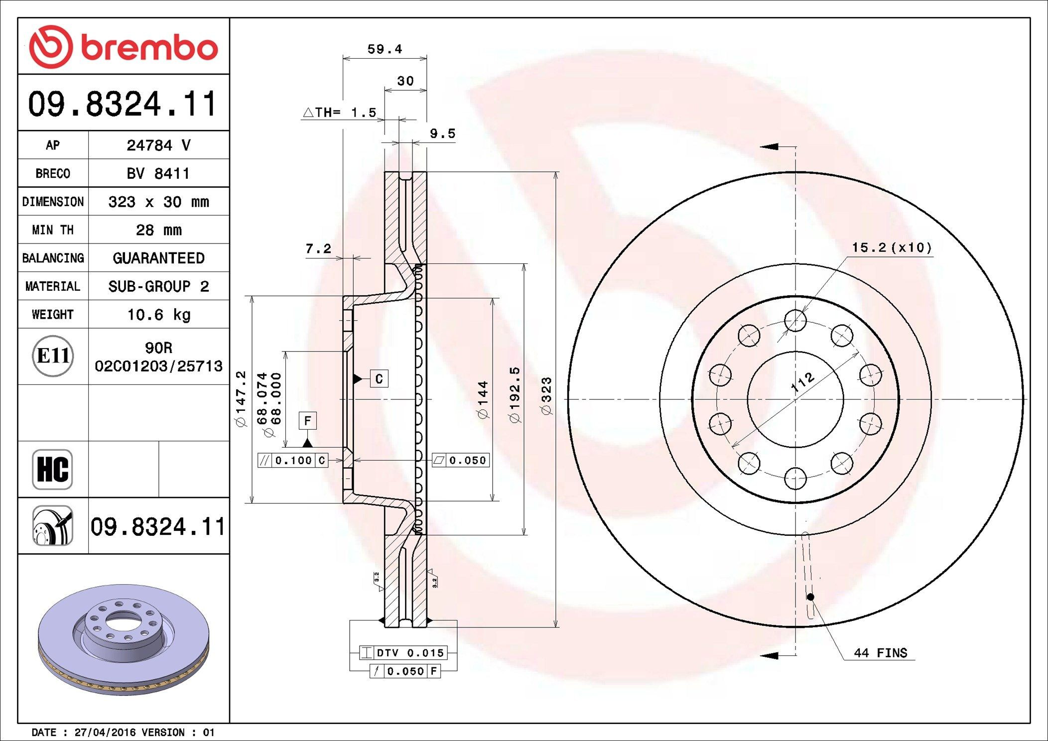 Диск переднього гальма Brembo 09832411 ціна, від 86.80 USD