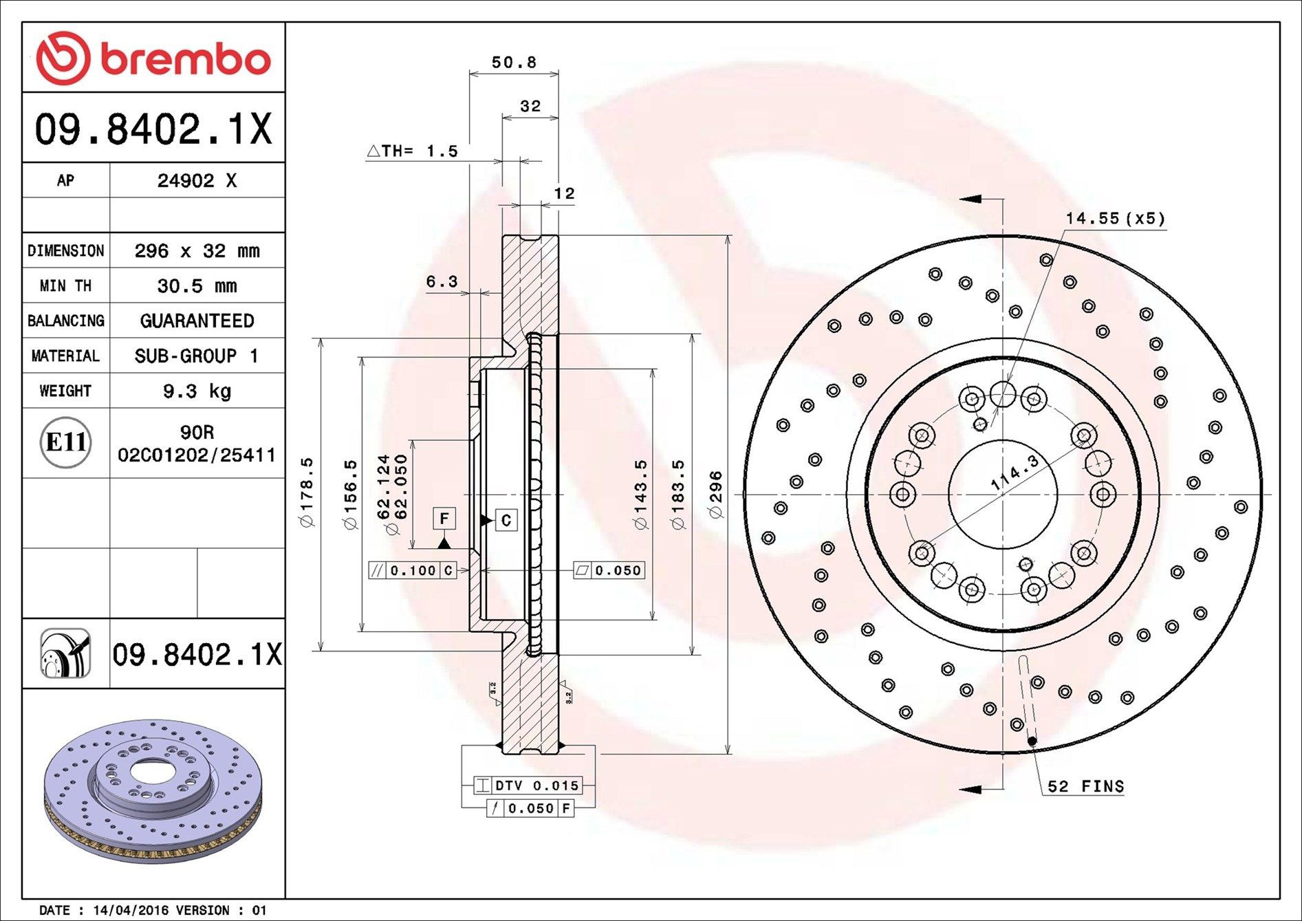 Диск переднього гальма Brembo 0984021X ціна, від 73.14 USD