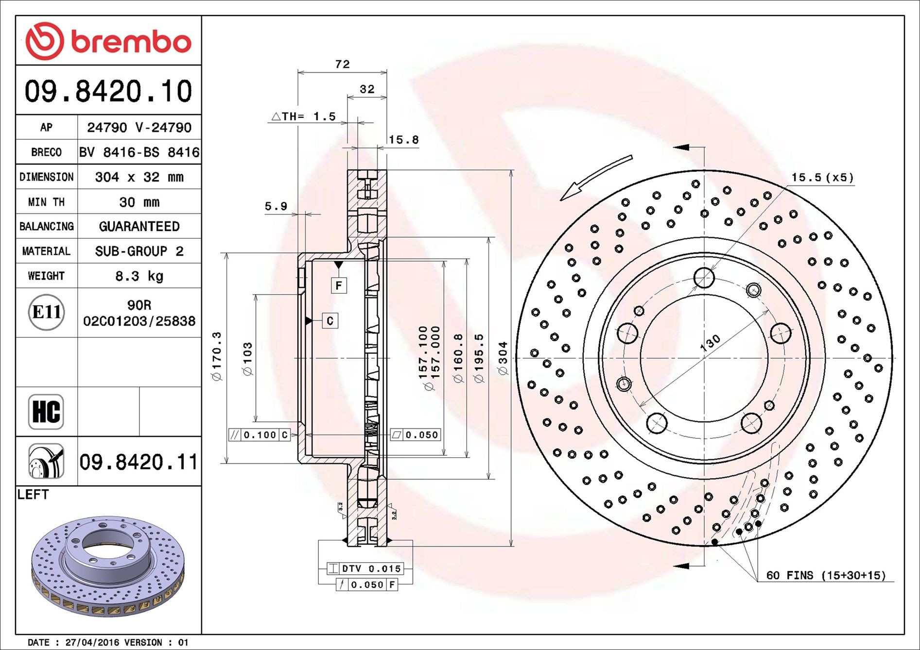 Диск переднього гальма Brembo 09842011 ціна, від 56.21 USD