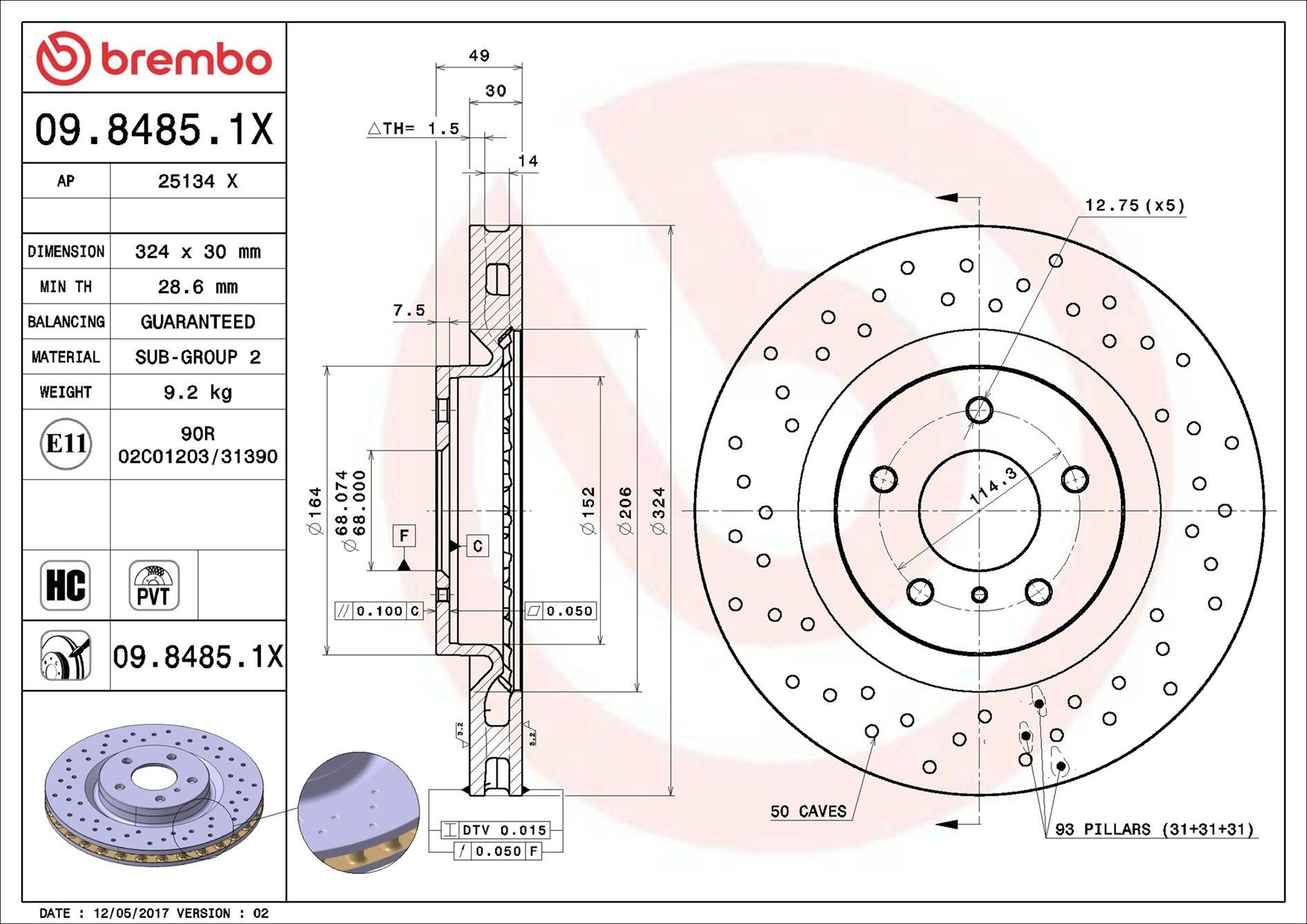 Диск переднього гальма Brembo 0984851X ціна, від 185.41 USD