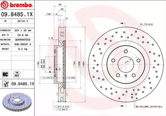 Диск переднього гальма Brembo 0984851X ціна, від 185.41 USD