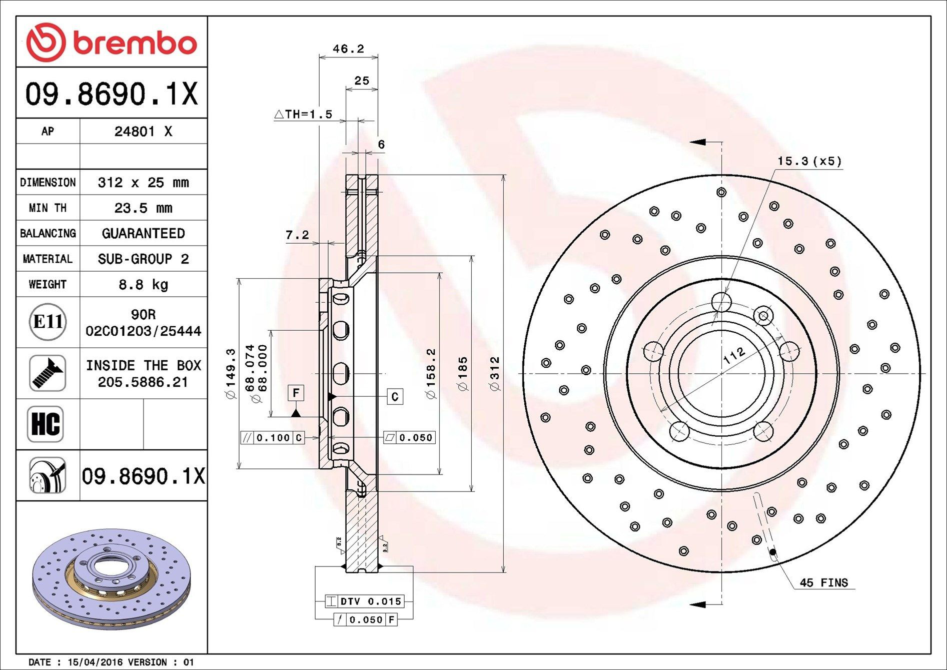Диск переднього гальма Brembo 0986901X ціна, від 50.90 USD