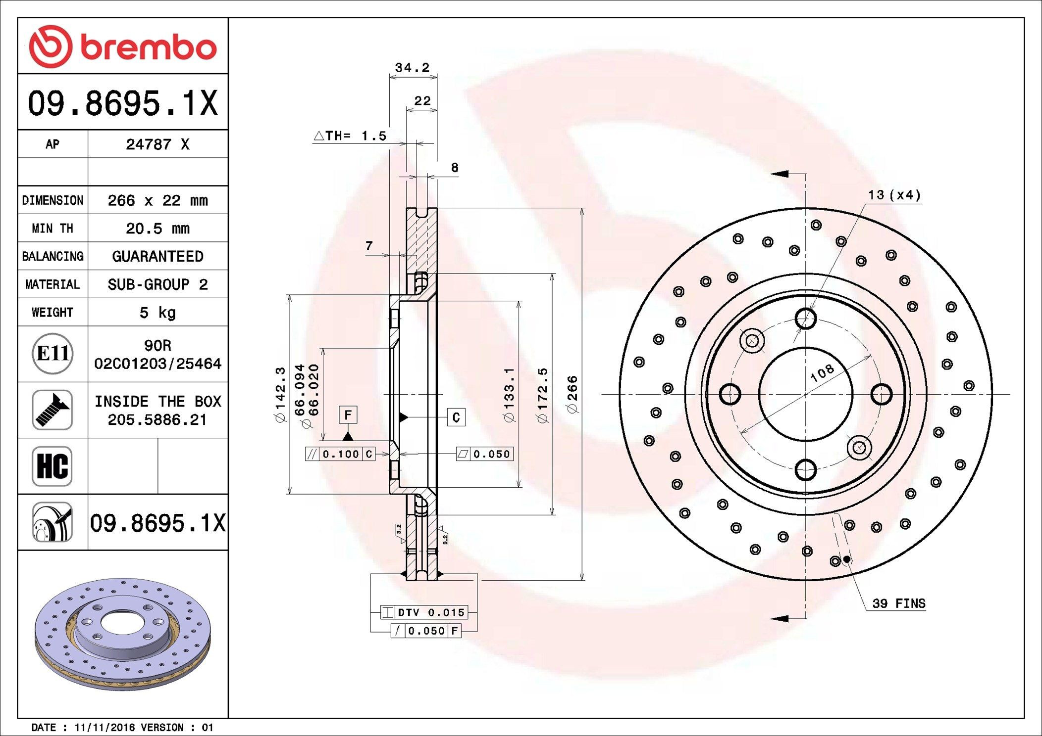 Диск переднього гальма Brembo 0986951X ціна, від 35.70 USD