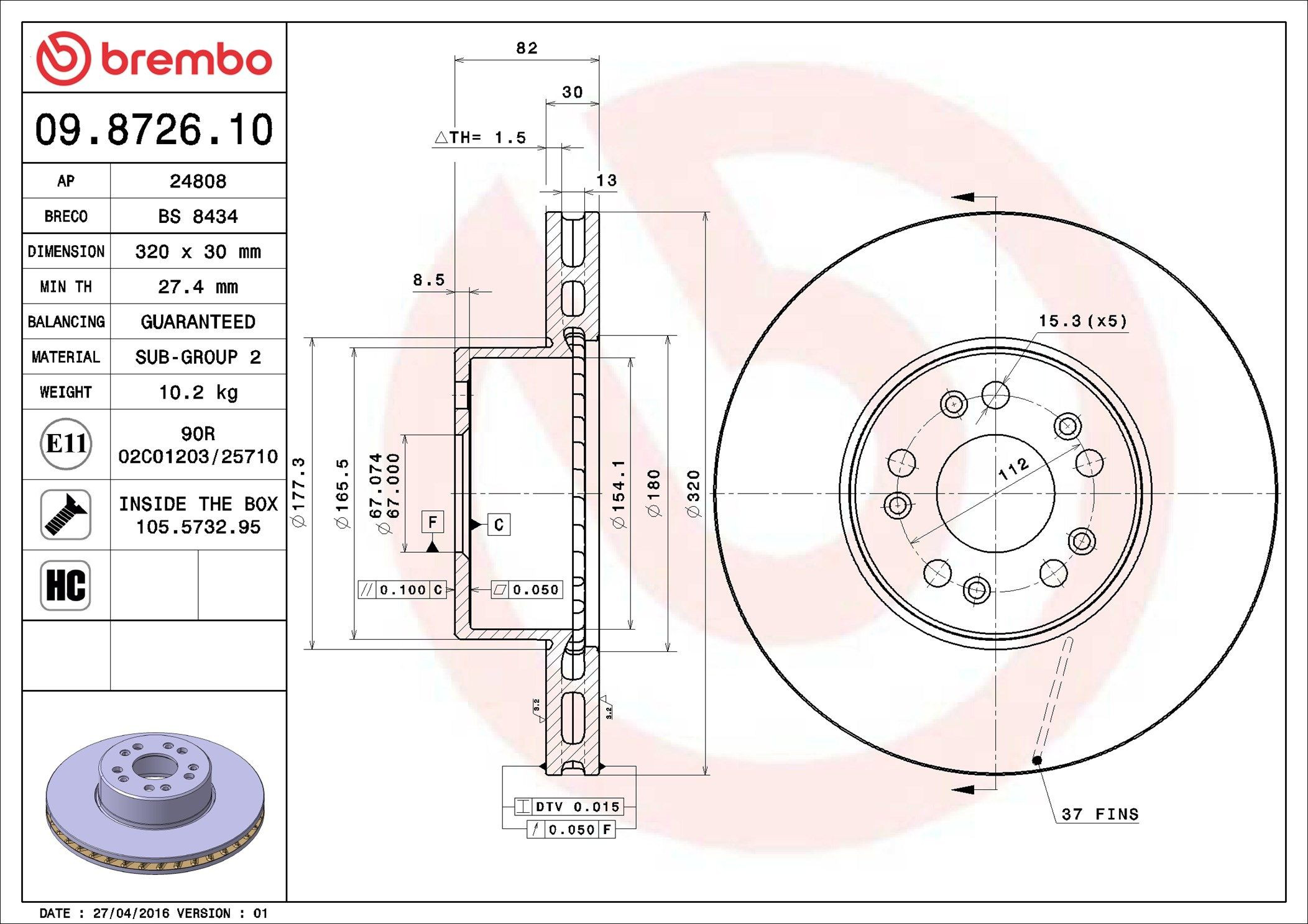 Диск переднього гальма Brembo 09872610 ціна, від 77.58 USD