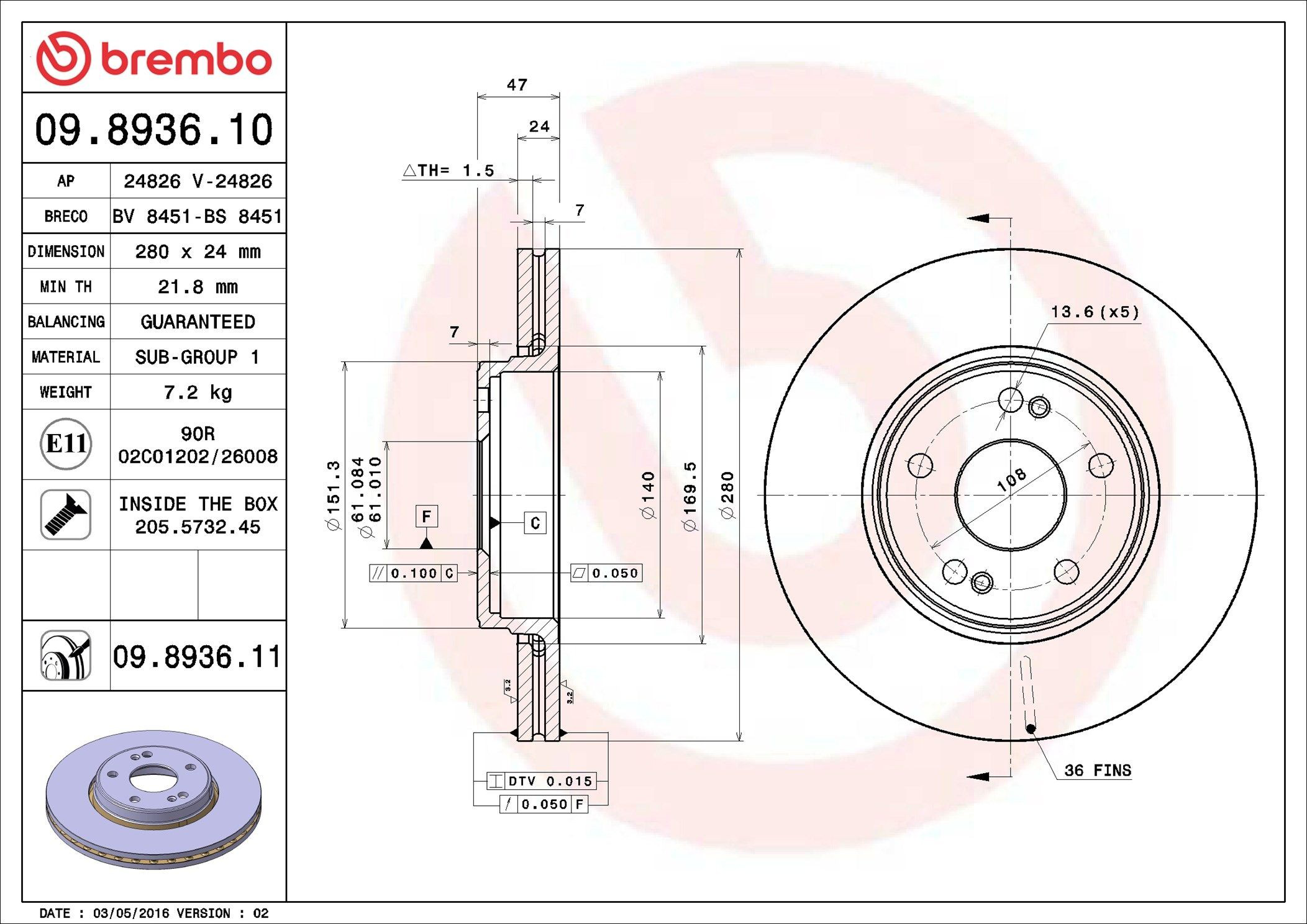 Диск переднього гальма Brembo 09893611 ціна, від 44.95 USD