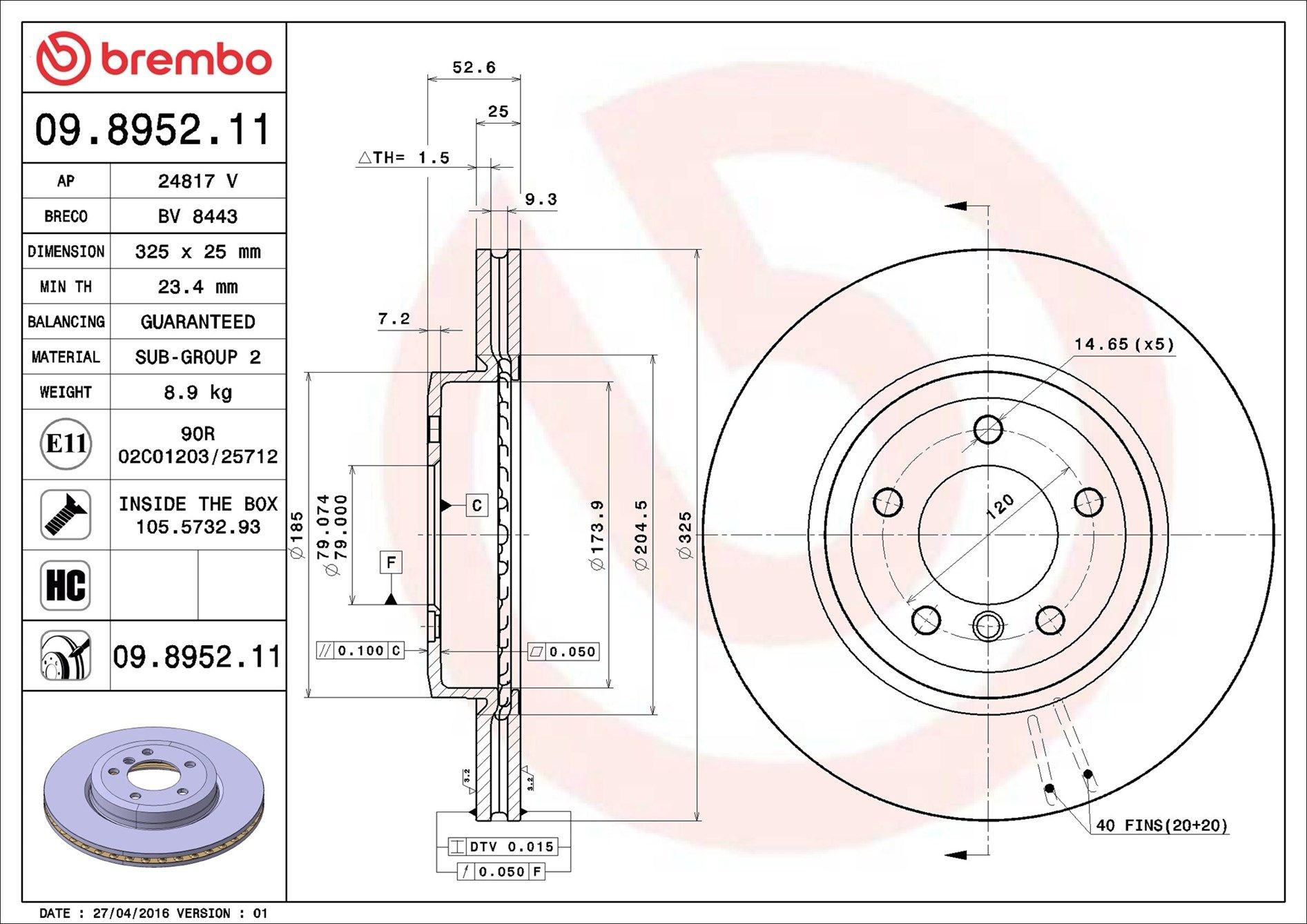 Диск переднього гальма Brembo 09895211 ціна, від 69.32 USD