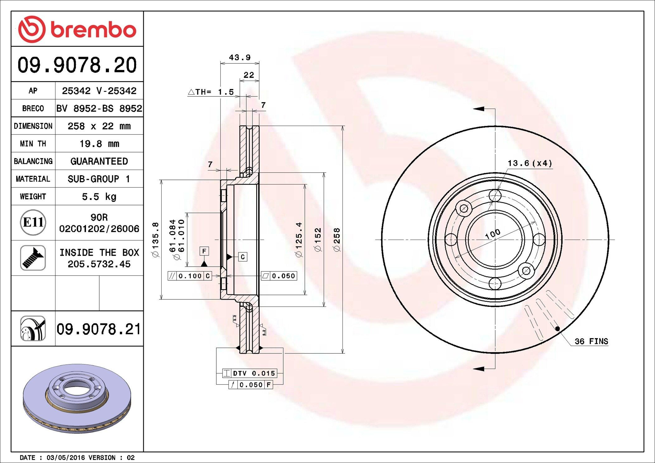 Диск переднього гальма Brembo 09907821 ціна, від 42.28 USD