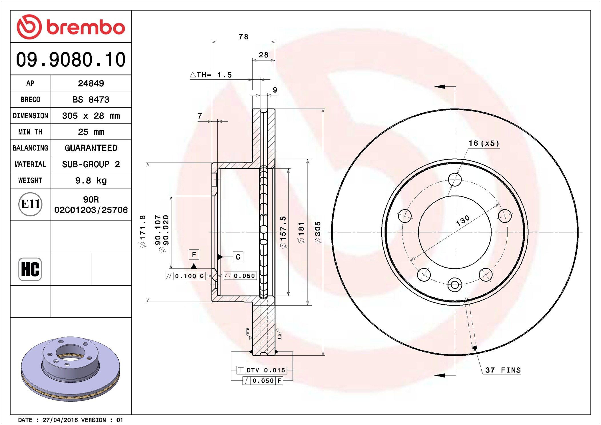 Диск переднього гальма Brembo 09908010 ціна, від 54.70 USD