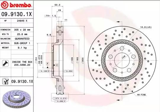 Диск гальмівний передній Brembo 0991301X