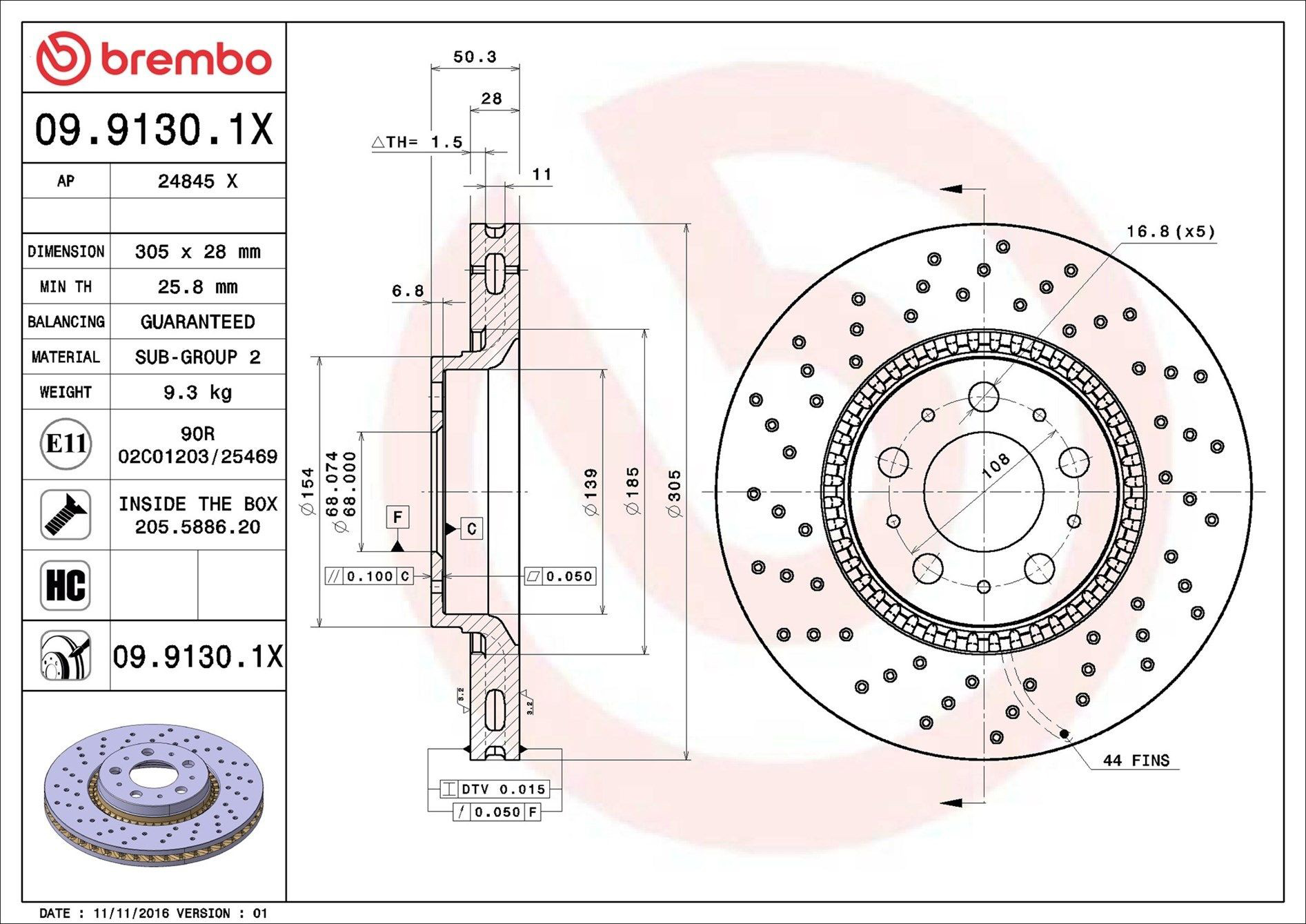 Диск переднього гальма Brembo 0991301X ціна, від 60.18 USD