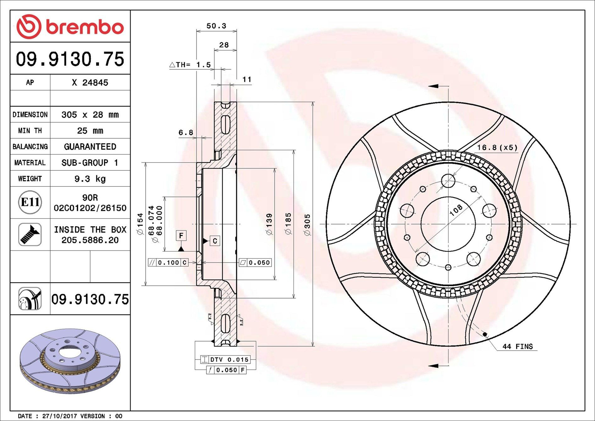 Диск переднього гальма Brembo 09913075 ціна, від 62.15 USD