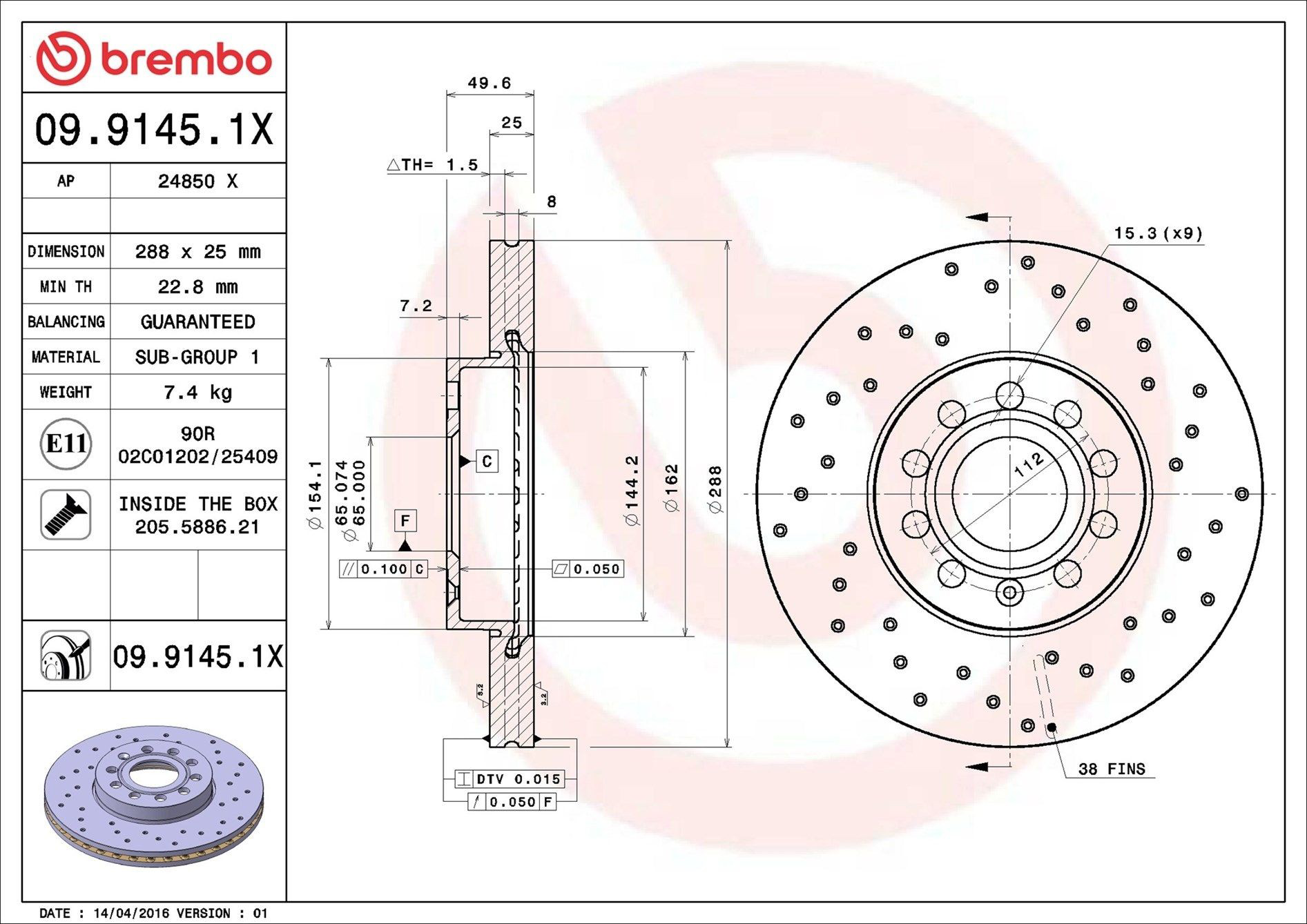 Ремкомплект передніх гальм Brembo 0991451X