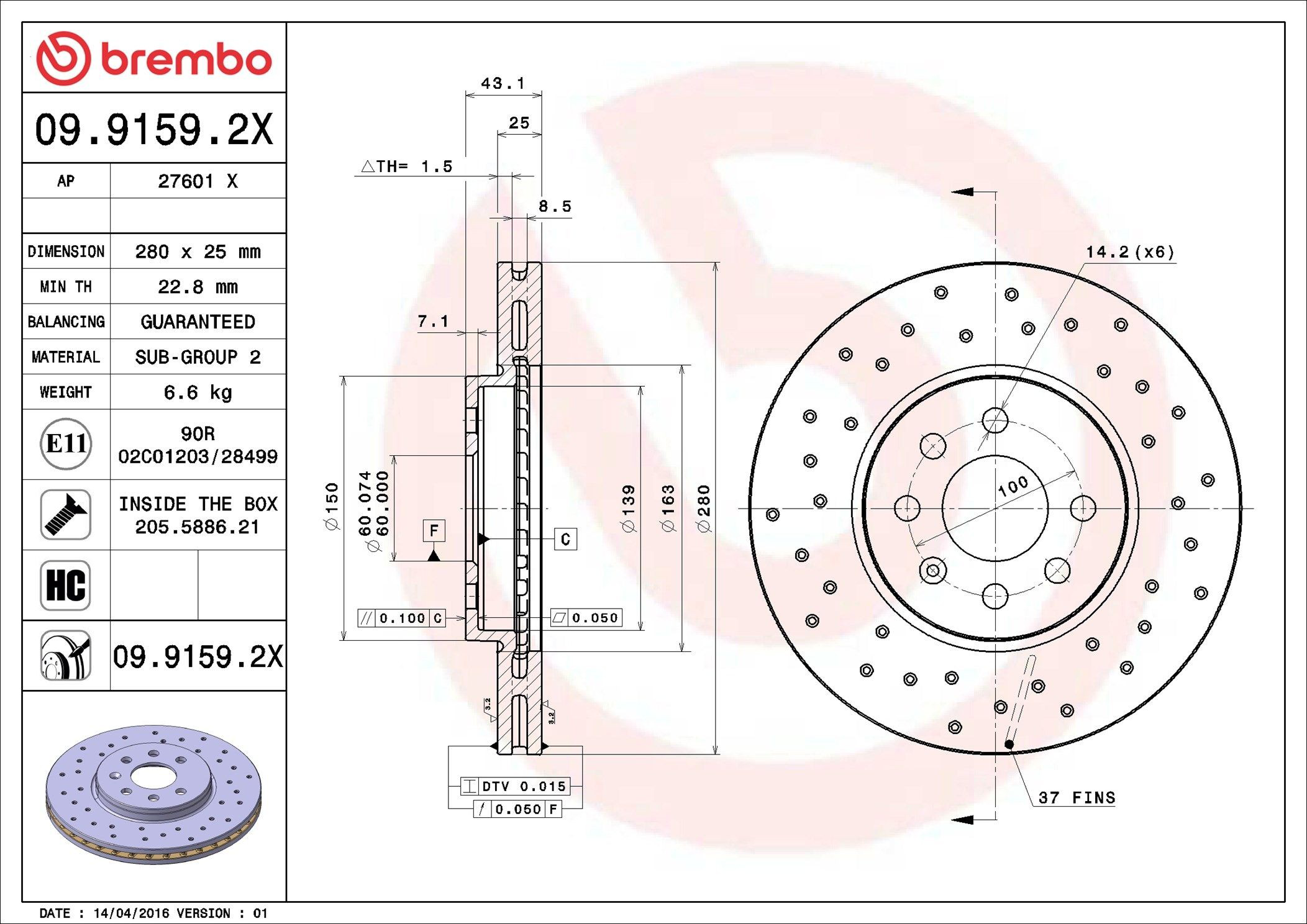 Диск переднього гальма Brembo 0991592X ціна, від 41.81 USD