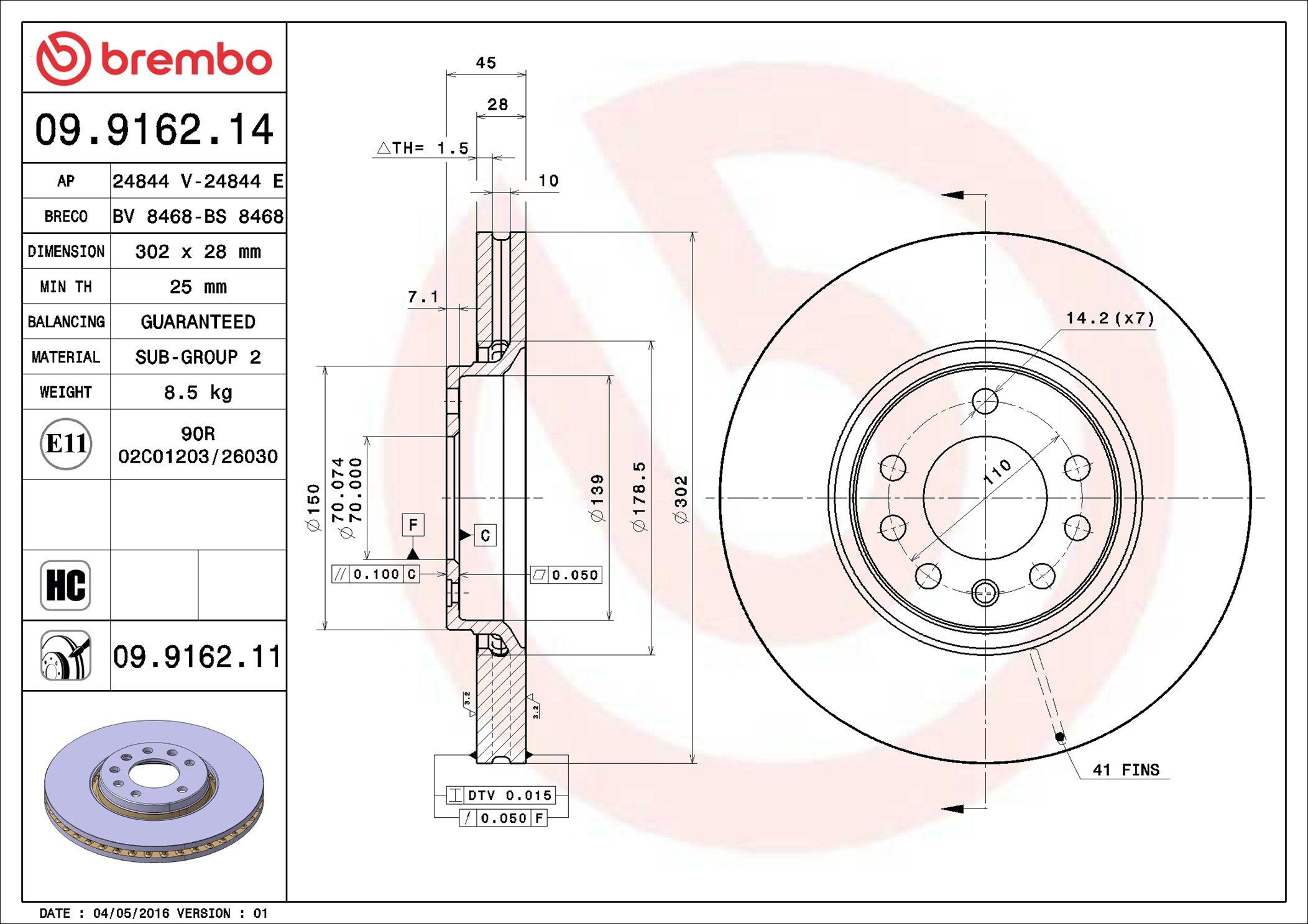 Диск переднього гальма Brembo 09916211 ціна, від 45.38 USD