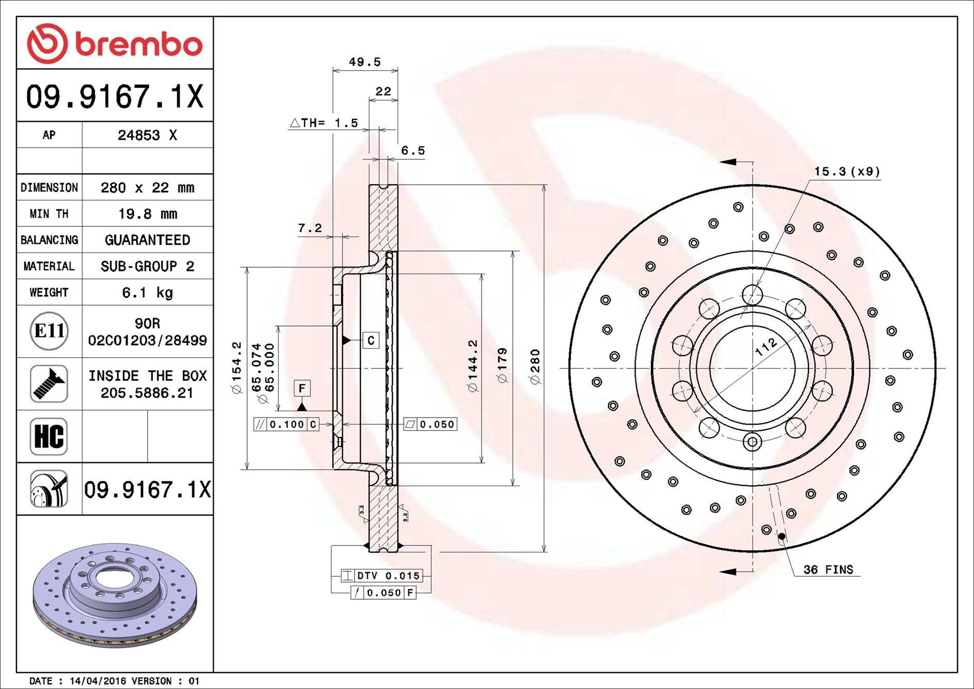Диск переднього гальма Brembo 0991671X ціна, від 45.25 USD