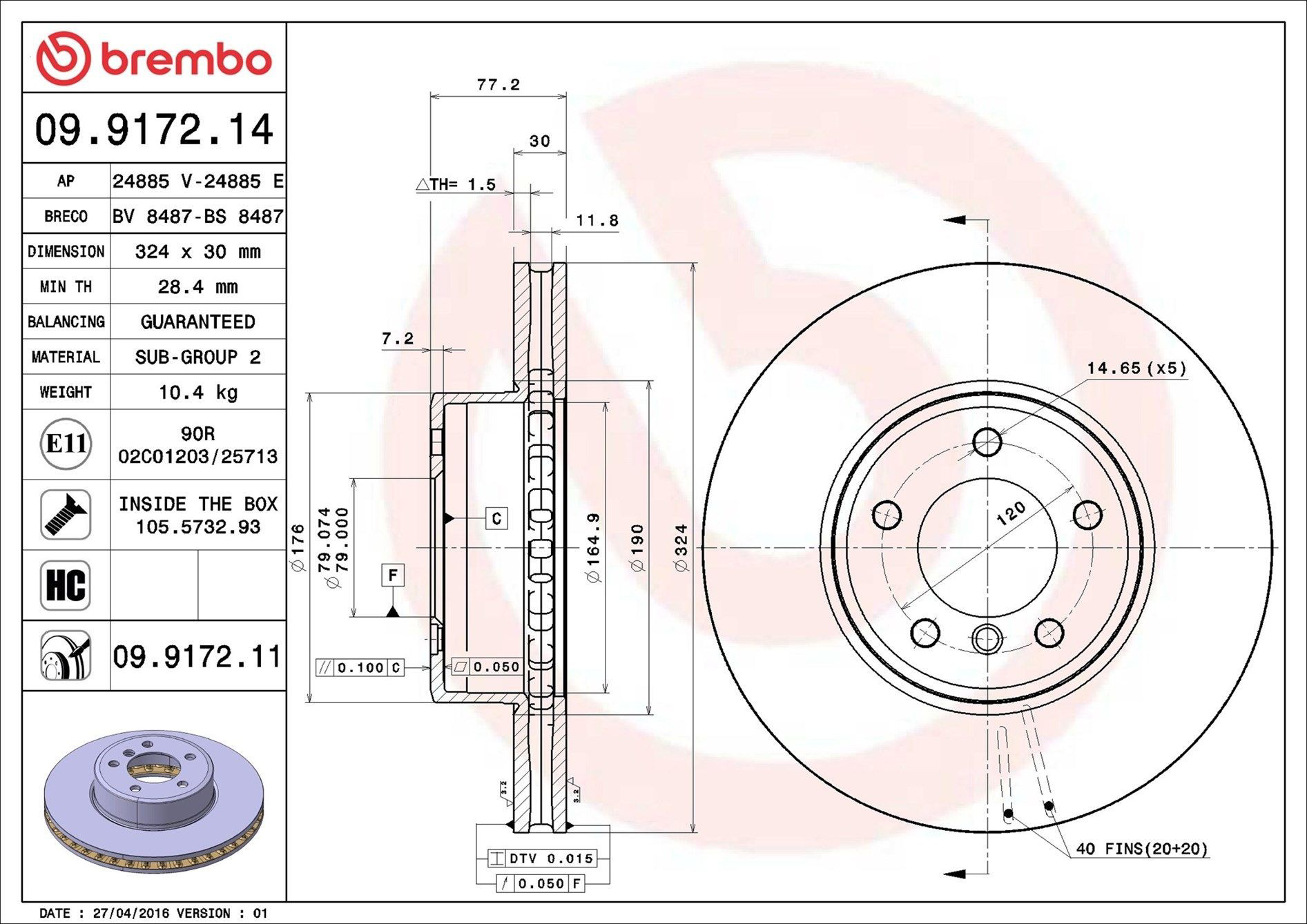 Диск переднього гальма Brembo 09917211 ціна, від 81.44 USD