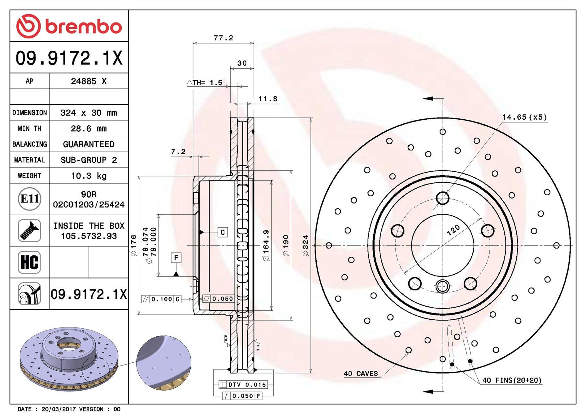 Диск переднього гальма Brembo 0991721X ціна, від 73.95 USD