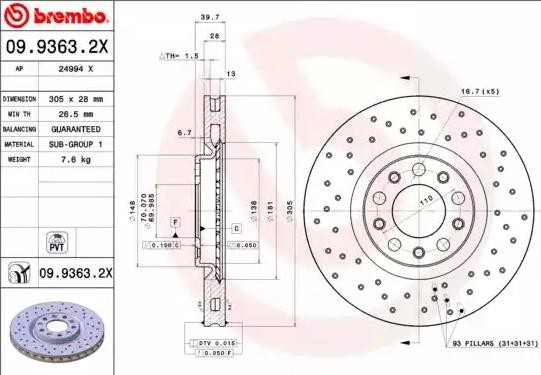 Диск переднього гальма Brembo 0993632X ціна, від 49.18 USD