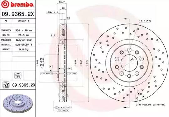 Диск гальмівний передній Brembo 0993652X