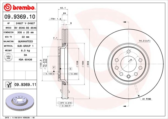 Диск переднього гальма Brembo 09936911 ціна, від 50.47 USD