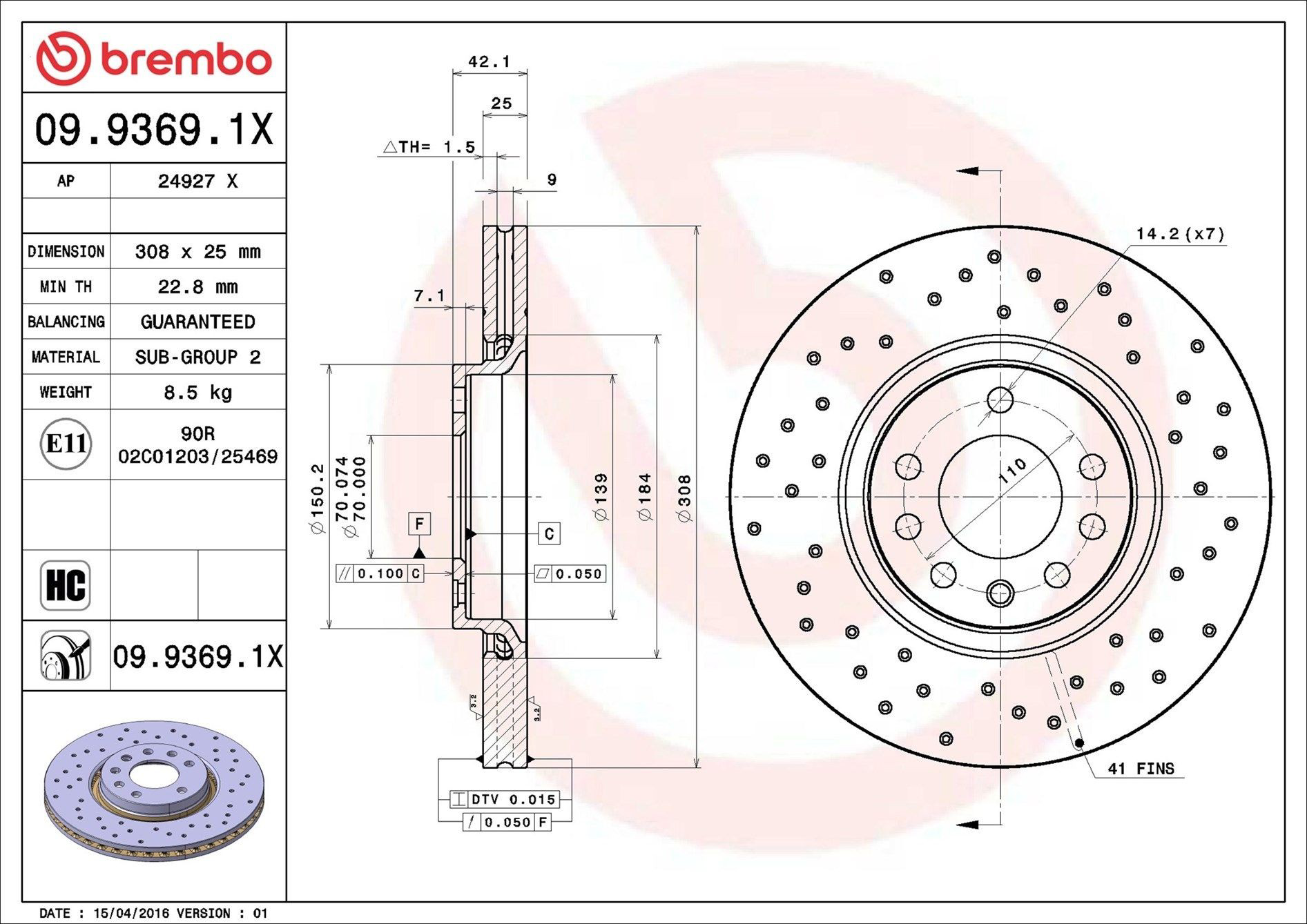 Диск переднього гальма Brembo 0993691X ціна, від 50.47 USD