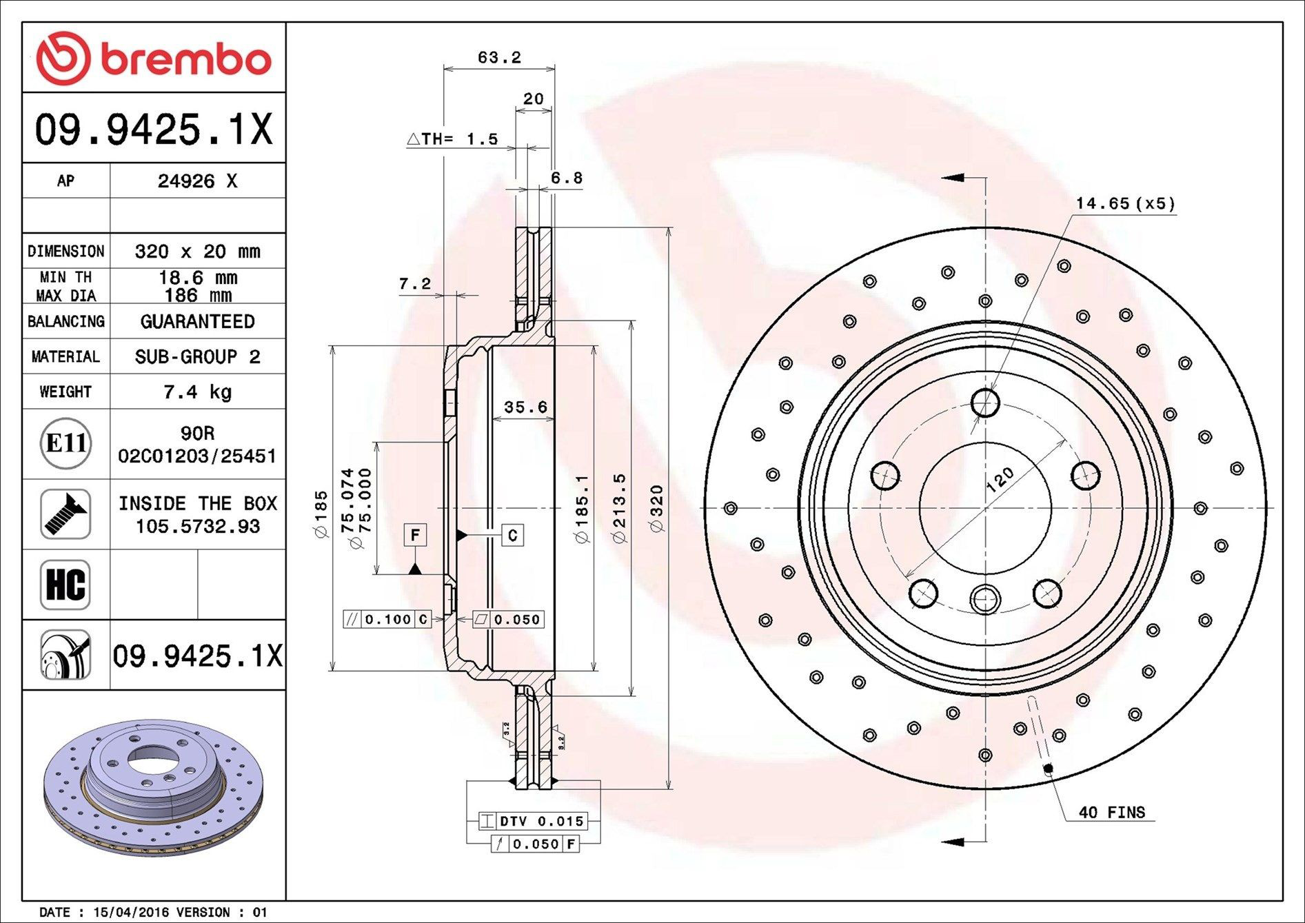 Купити 0994251X Brembo Диск заднього гальма