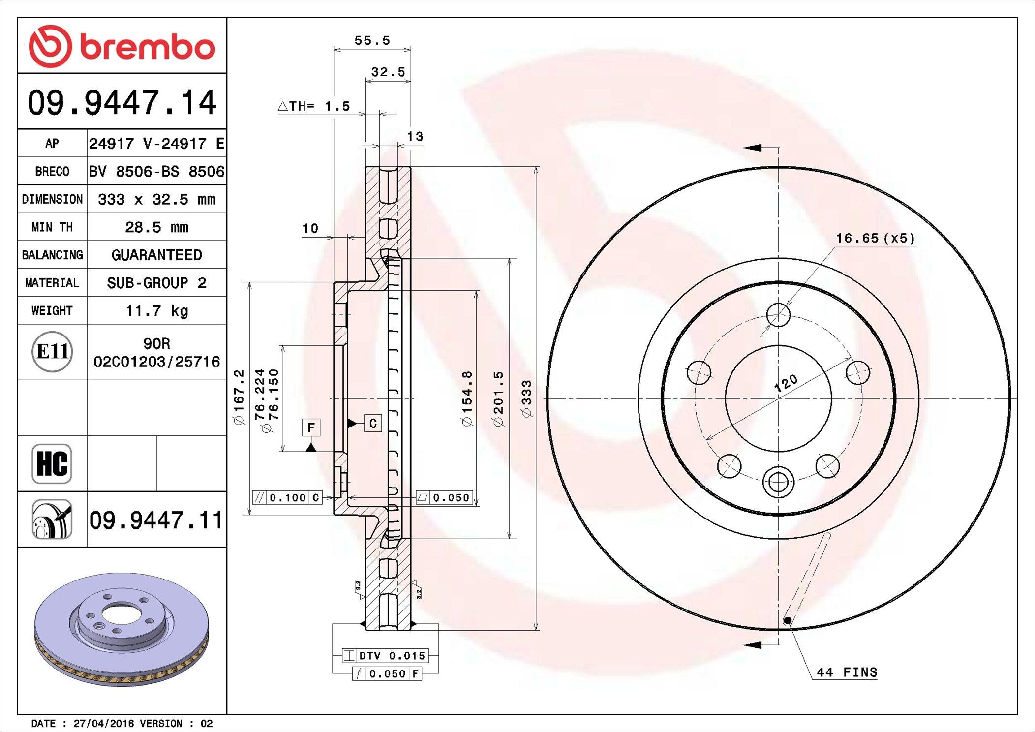 Диск переднього гальма Brembo 09944711 ціна, від 64.30 USD