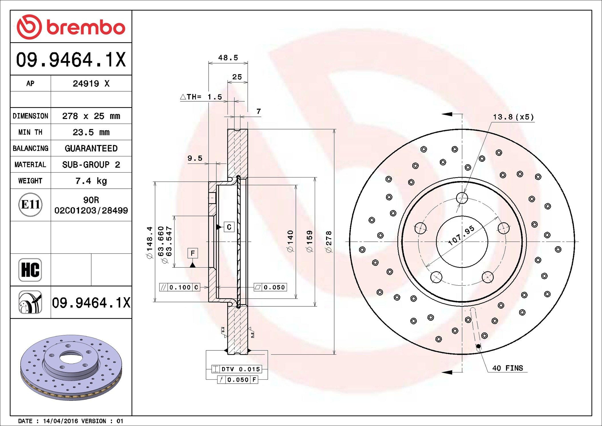 Диск переднього гальма Brembo 0994641X ціна, від 45.18 USD