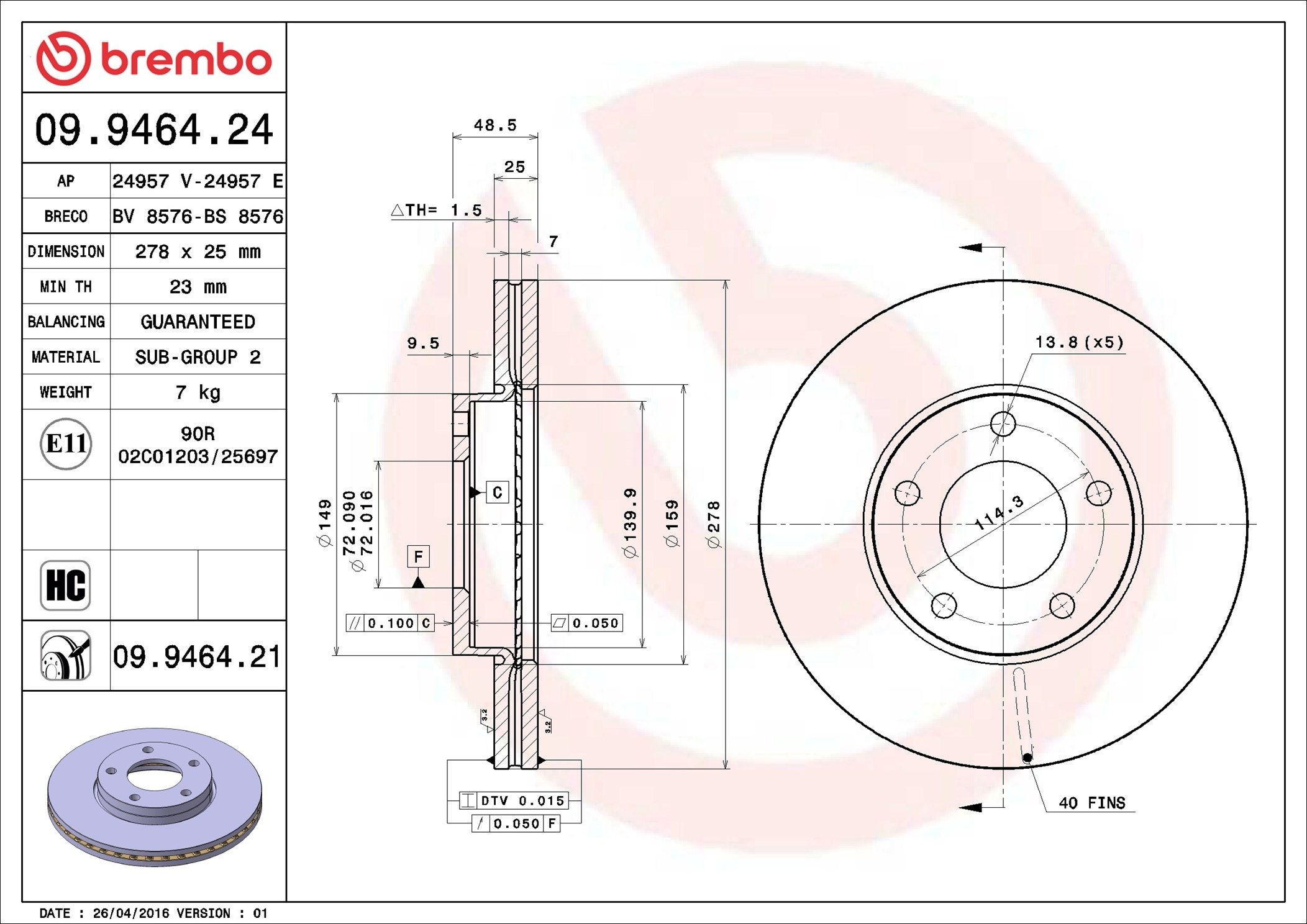 Диск переднього гальма Brembo 09946421 ціна, від 50.36 USD