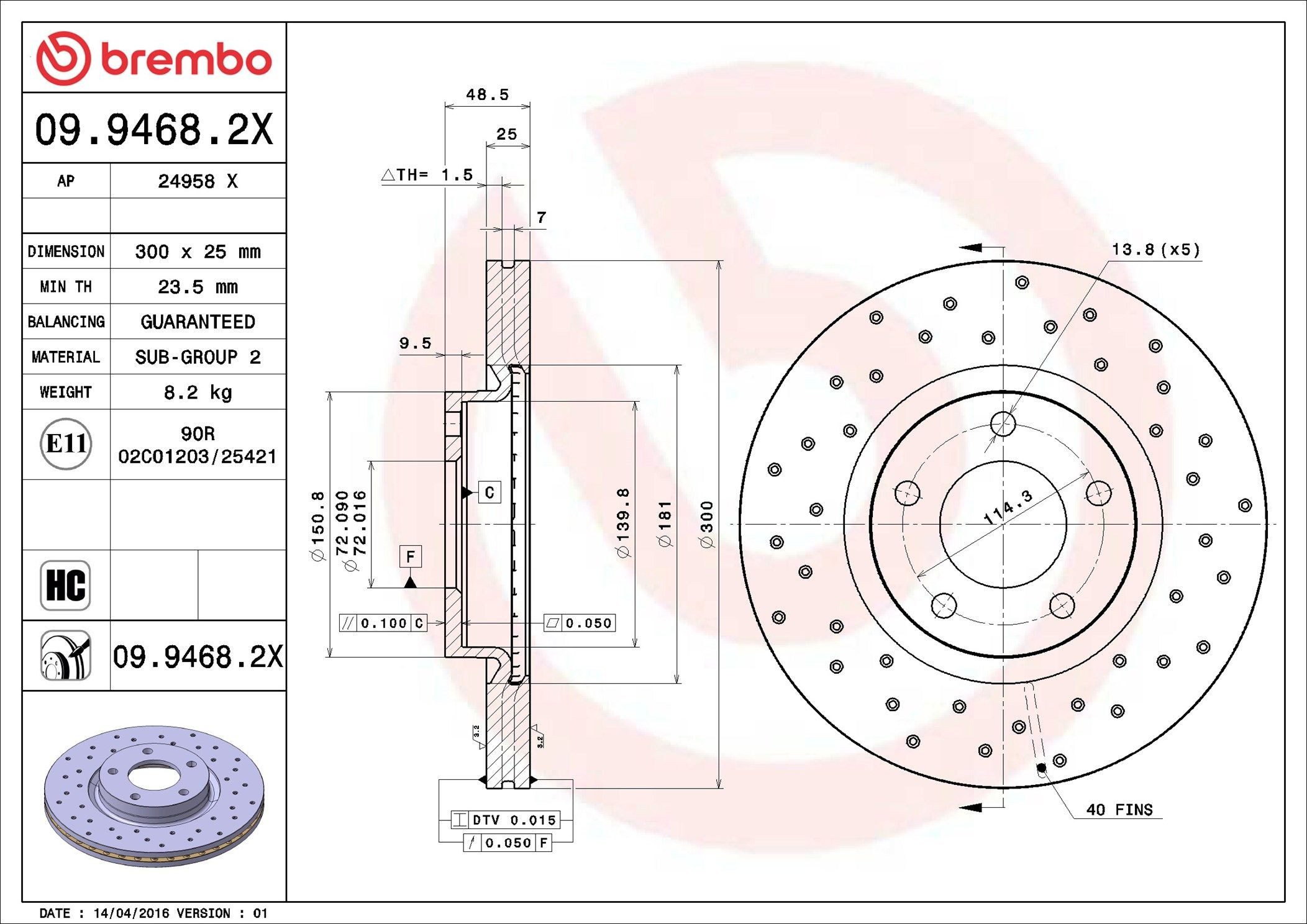 Диск переднього гальма Brembo 0994682X ціна, від 53.32 USD