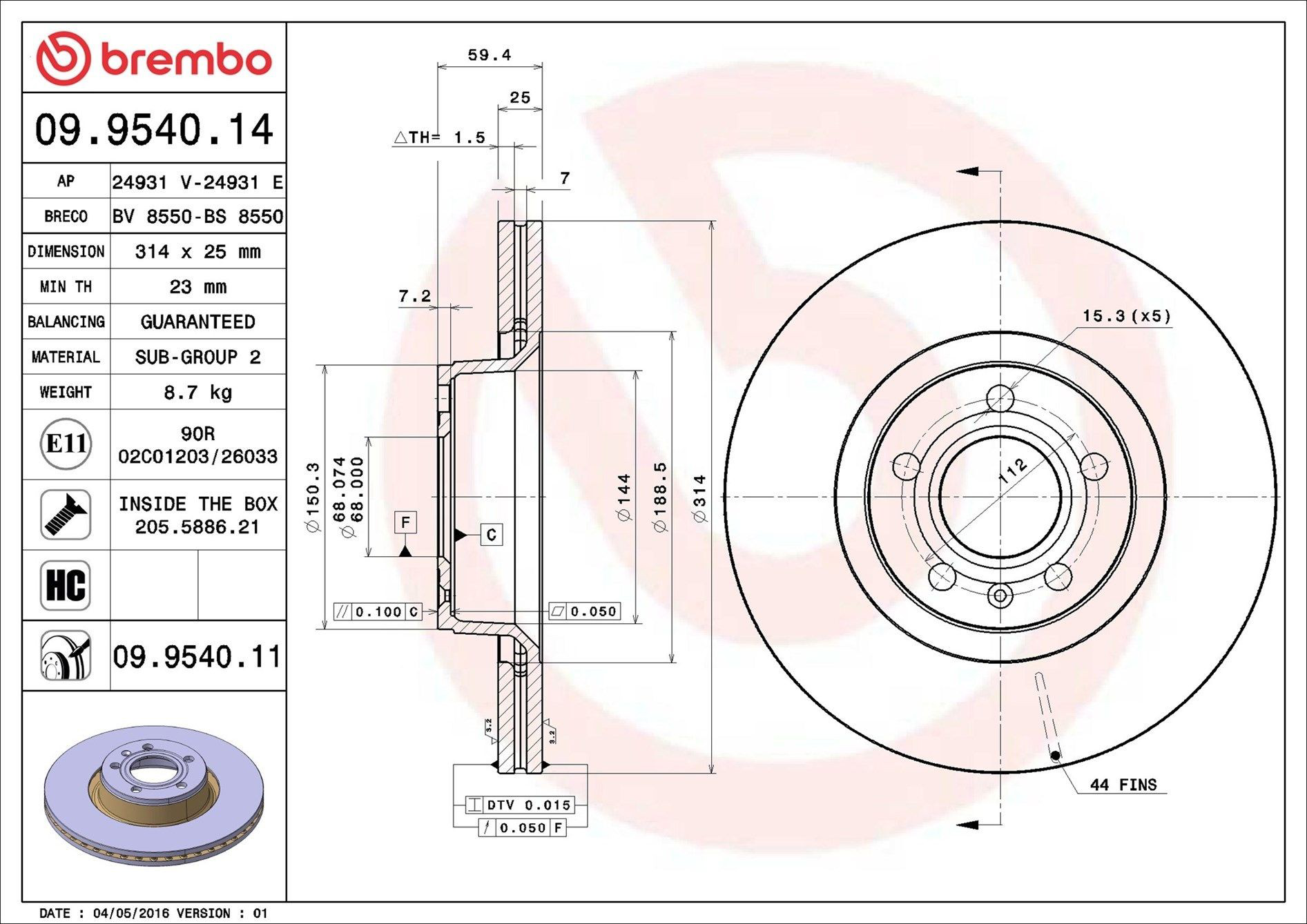 Диск переднього гальма Brembo 09954011 ціна, від 66.30 USD