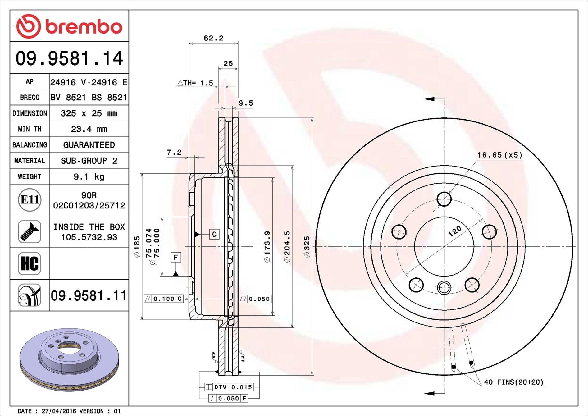 Диск переднього гальма Brembo 09958111 ціна, від 75.88 USD