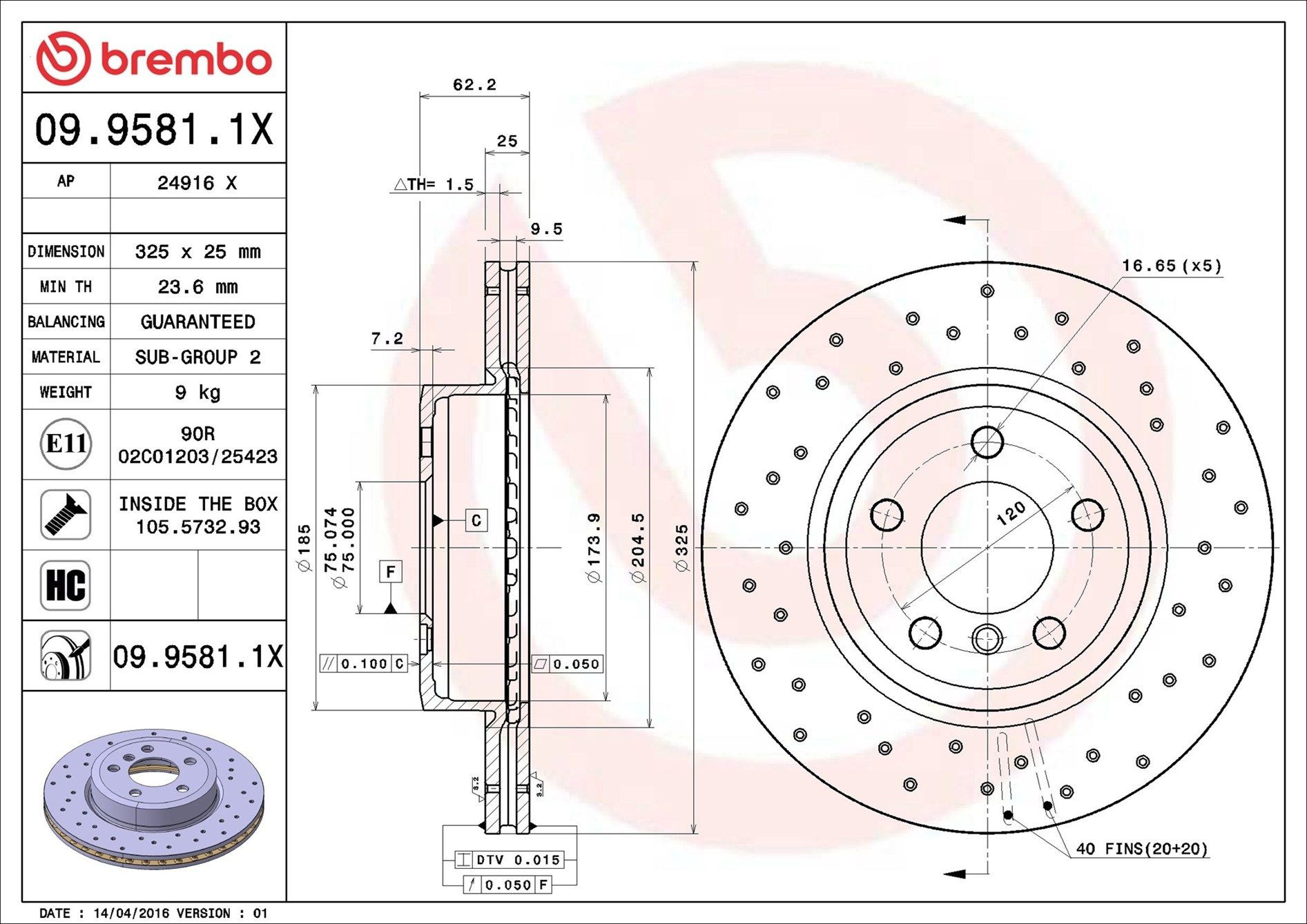 Диск переднього гальма Brembo 0995811X ціна, від 81.97 USD